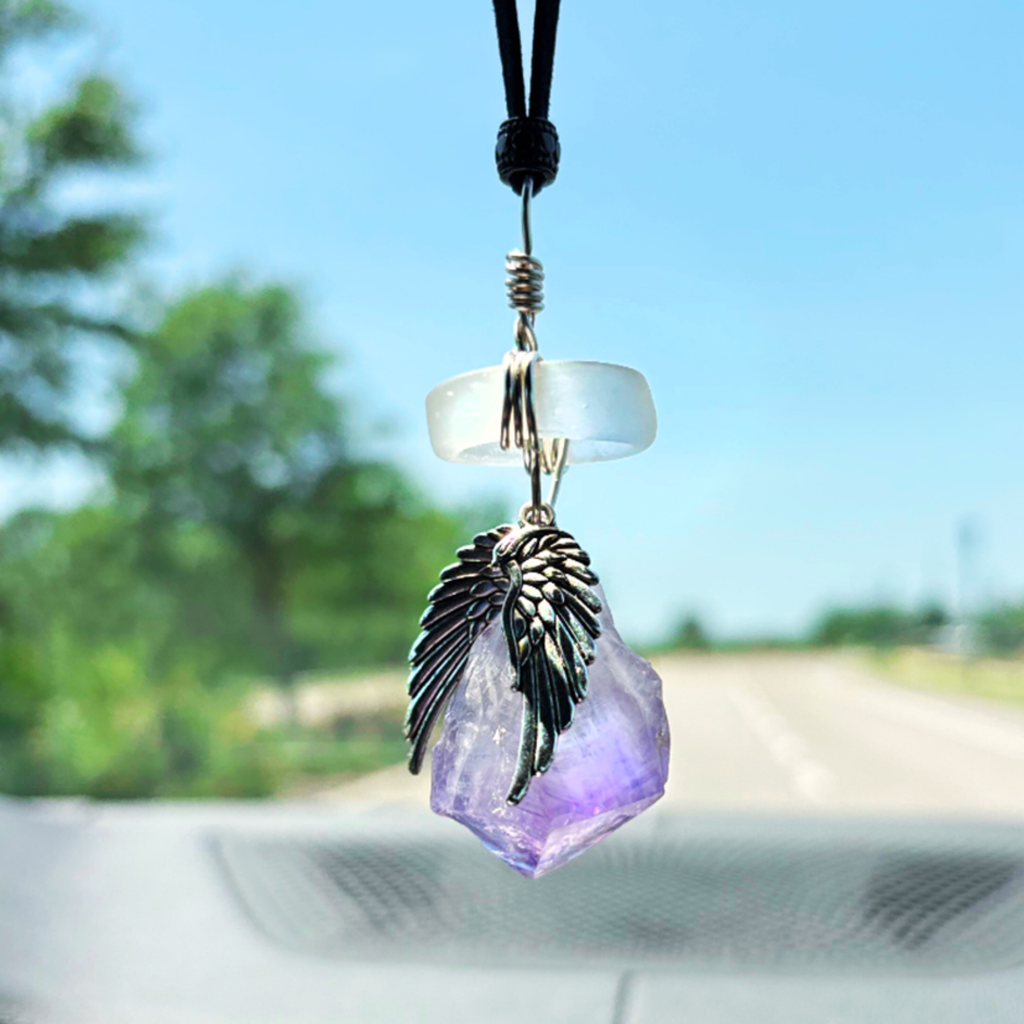 Amethyst Angel Wings Car Charm: Sea Glass Amulet - Travel Protection