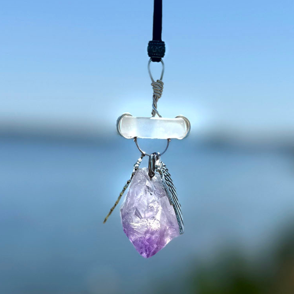 Amethyst Angel Wings Car Charm: Sea Glass Amulet - Travel Protection