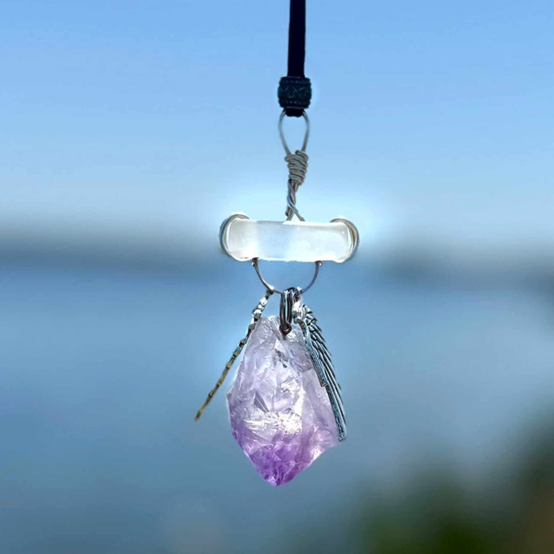 Amethyst Angel Wings Car Charm: Sea Glass Amulet - Travel Protection