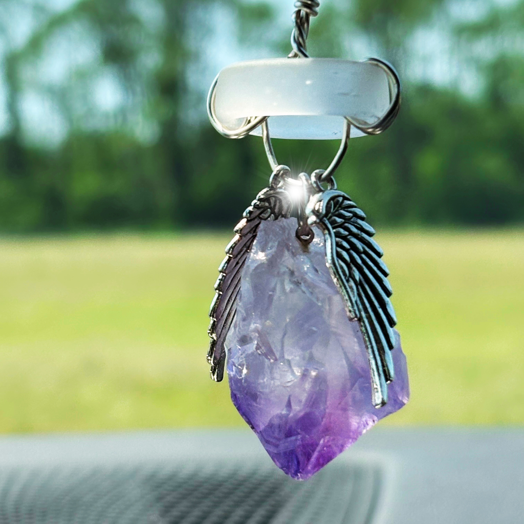 Amethyst Angel Wings Car Charm: Sea Glass Amulet - Travel Protection