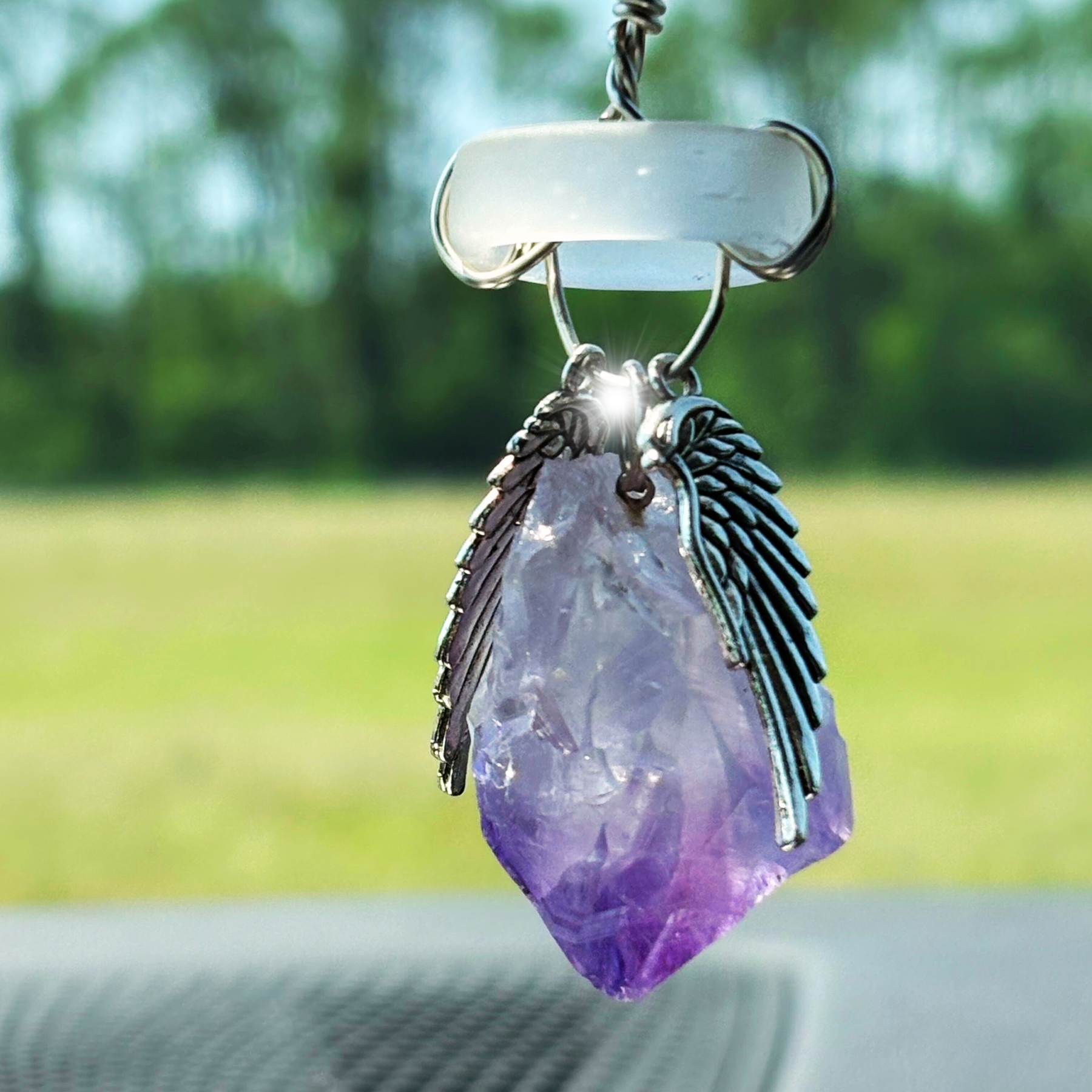 Amethyst Angel Wings Car Charm: Sea Glass Amulet - Travel Protection