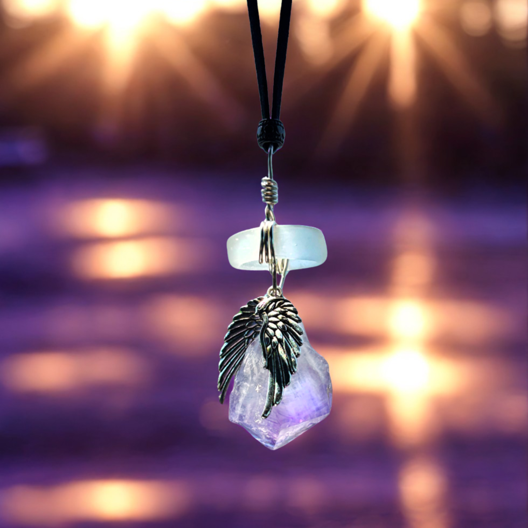 Amethyst Angel Wings Car Charm: Sea Glass Amulet - Travel Protection