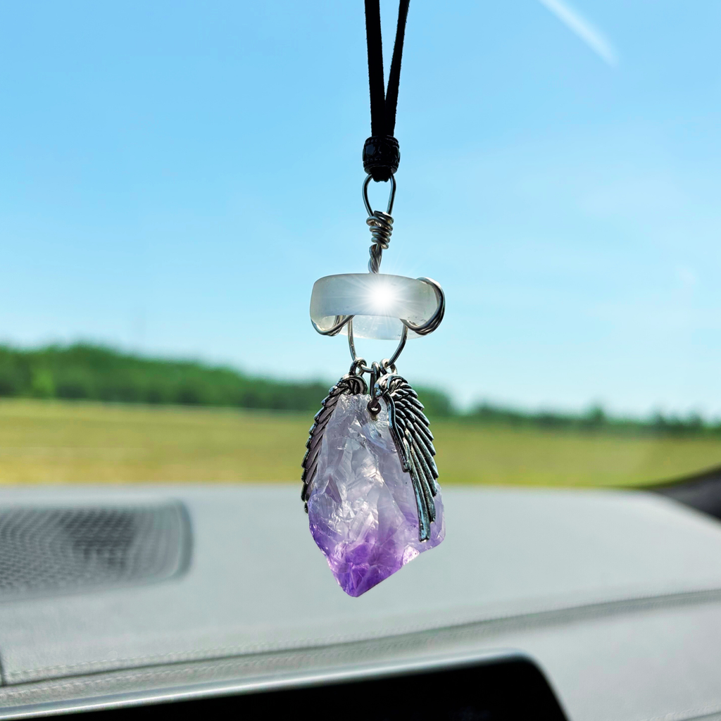 Amethyst Angel Wings Car Charm: Sea Glass Amulet - Travel Protection