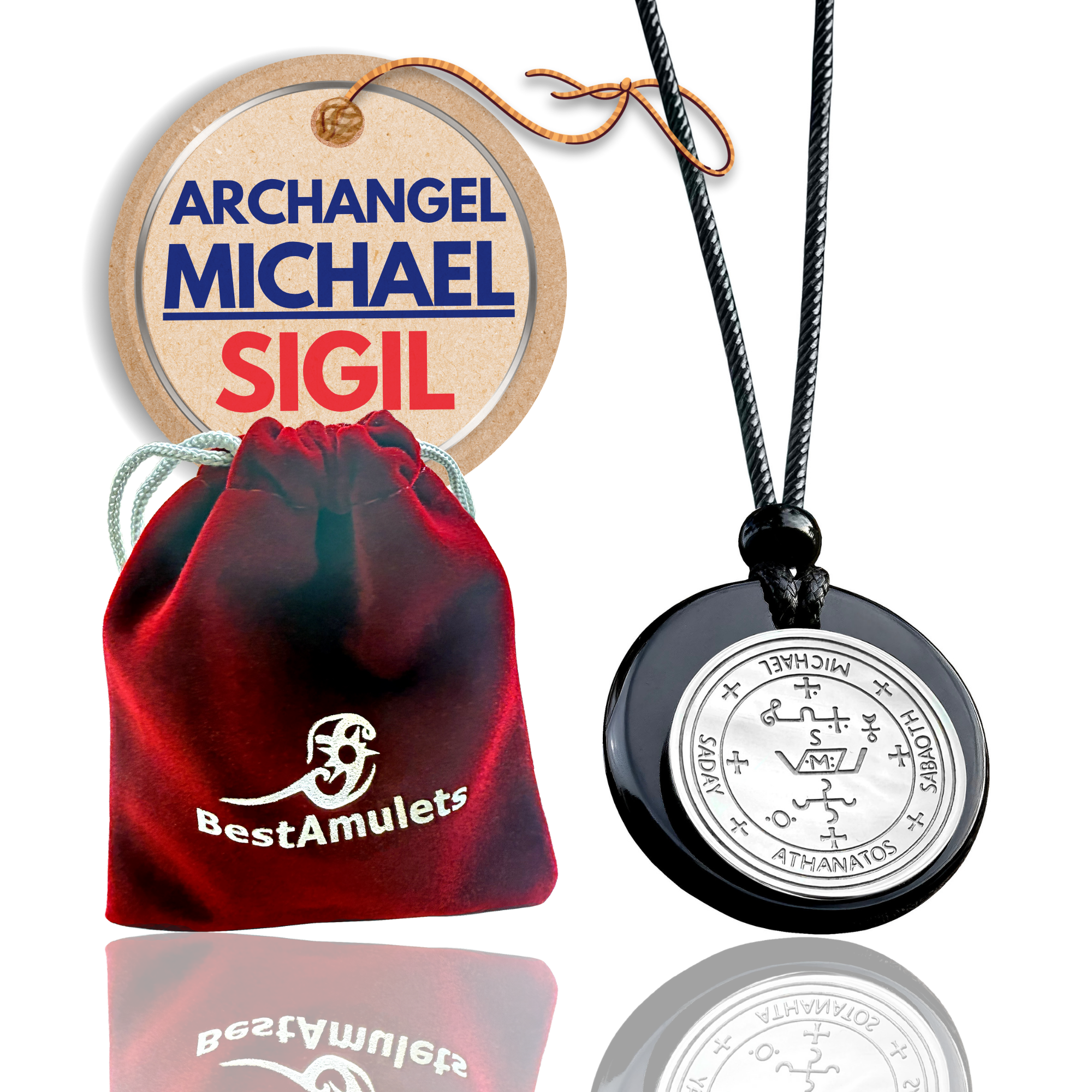 Archangel Sigil Amulet Necklace - Michael Gabriel Raphael Uriel - Genuine Black Agate Medallion