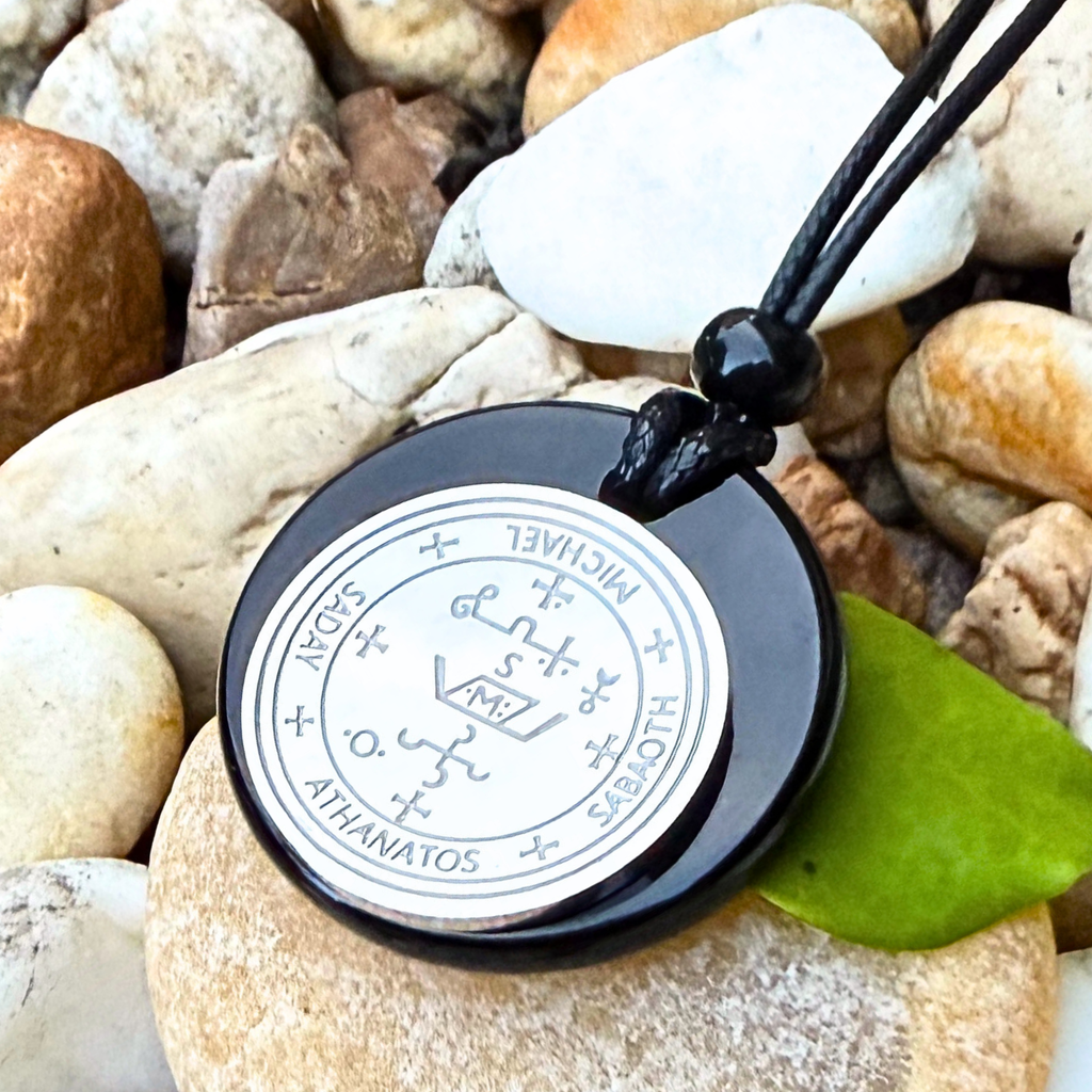 Archangel Sigil Amulet Necklace - Michael Gabriel Raphael Uriel - Genuine Black Agate Medallion
