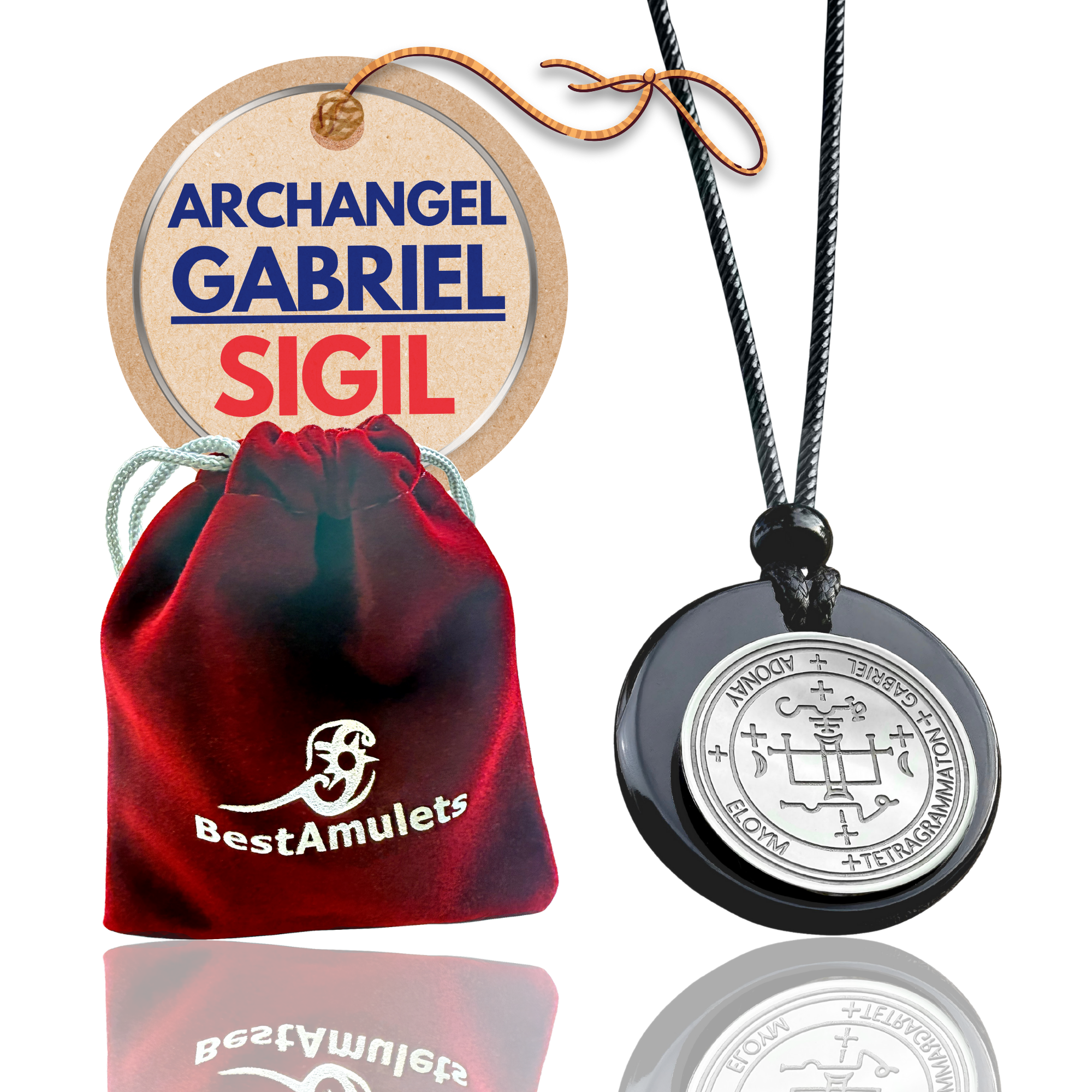 Archangel Sigil Amulet Necklace - Michael Gabriel Raphael Uriel - Genuine Black Agate Medallion