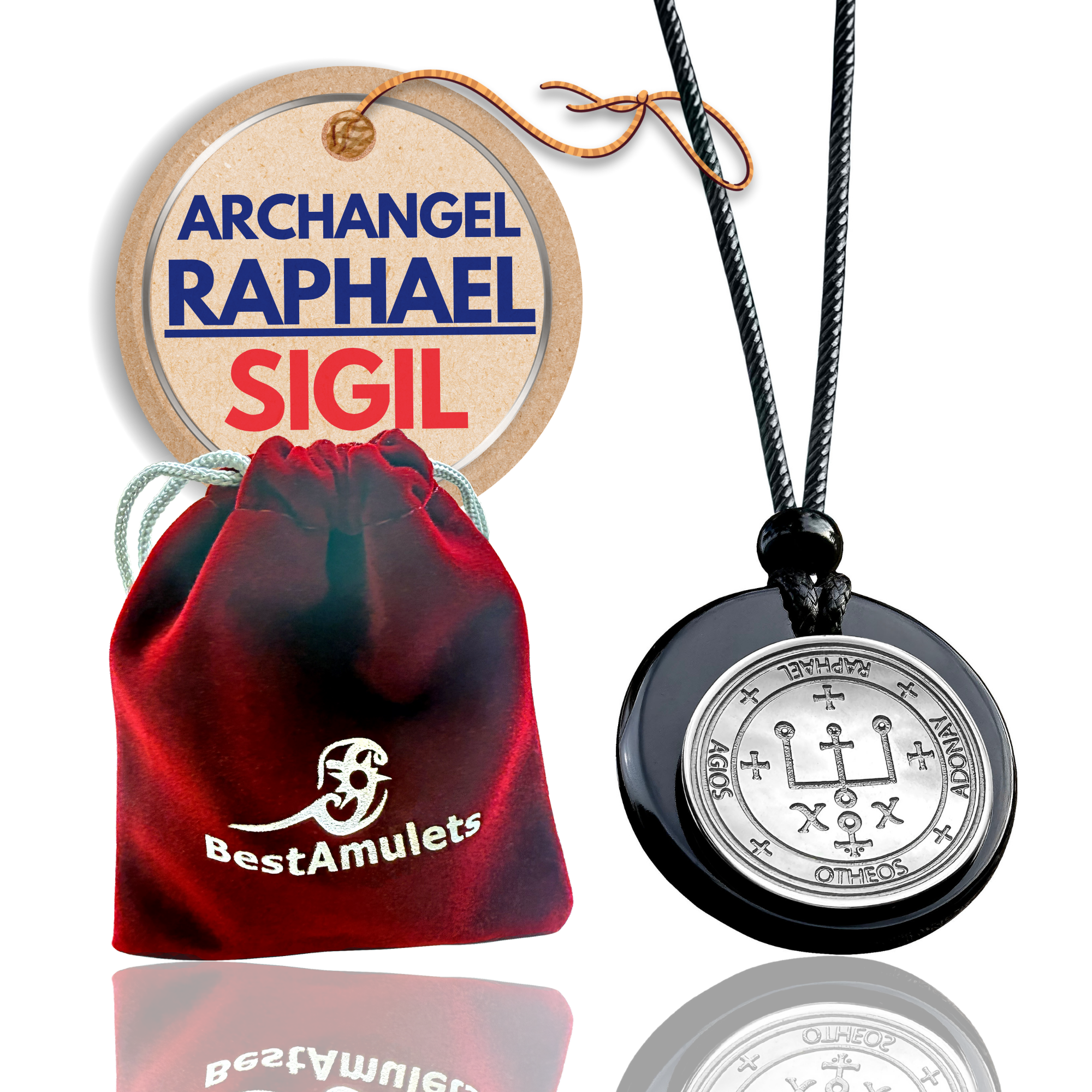 Archangel Sigil Amulet Necklace - Michael Gabriel Raphael Uriel - Genuine Black Agate Medallion
