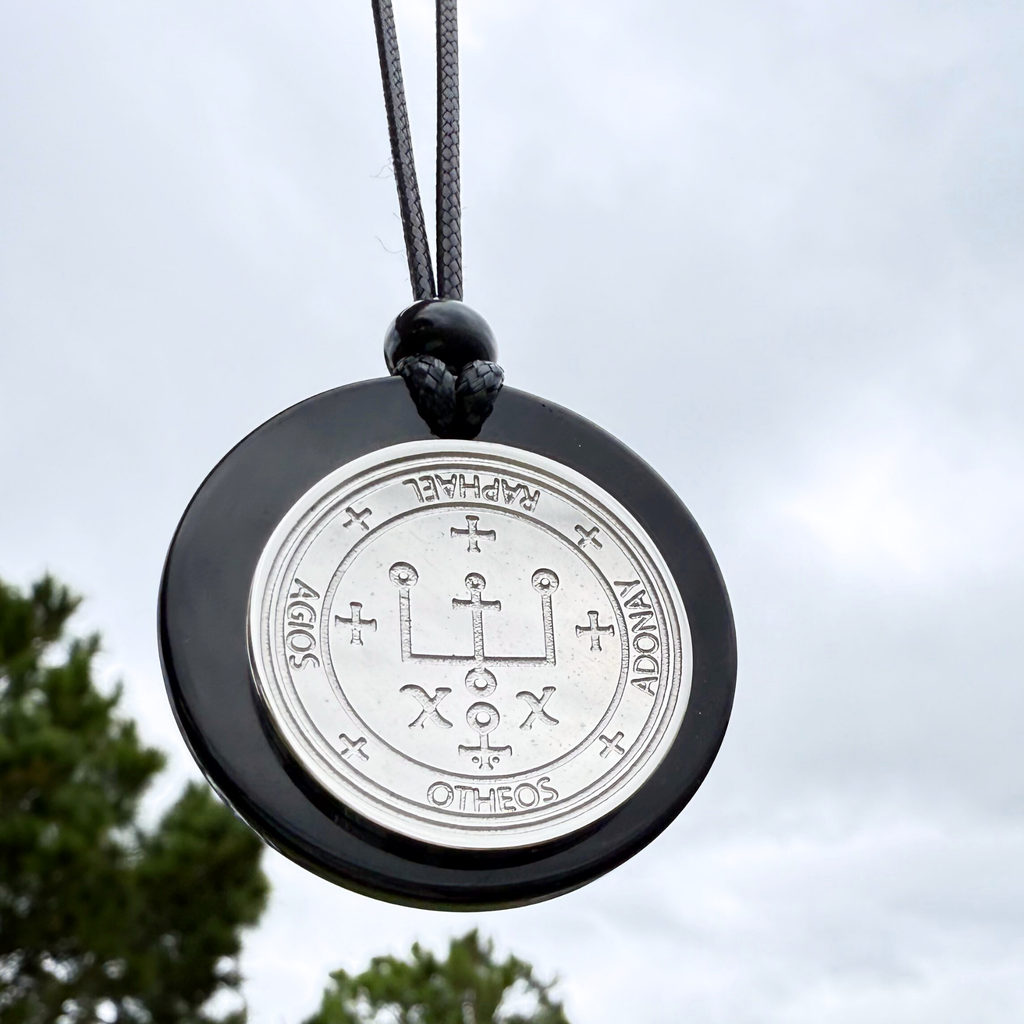 Archangel Sigil Amulet Necklace - Michael Gabriel Raphael Uriel - Genuine Black Agate Medallion
