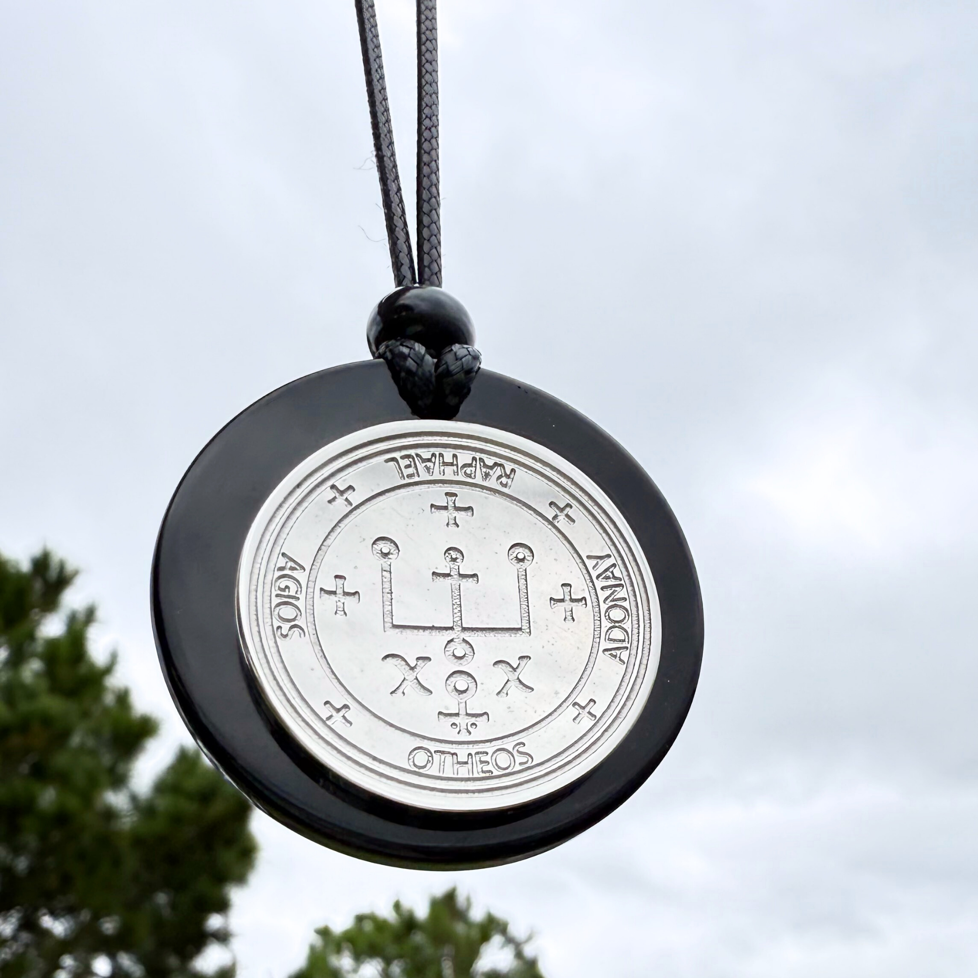 Archangel Sigil Amulet Necklace - Michael Gabriel Raphael Uriel - Genuine Black Agate Medallion