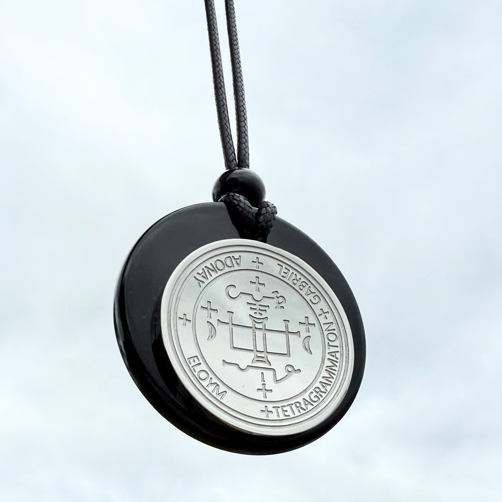 Archangel Sigil Amulet Necklace - Michael Gabriel Raphael Uriel - Genuine Black Agate Medallion