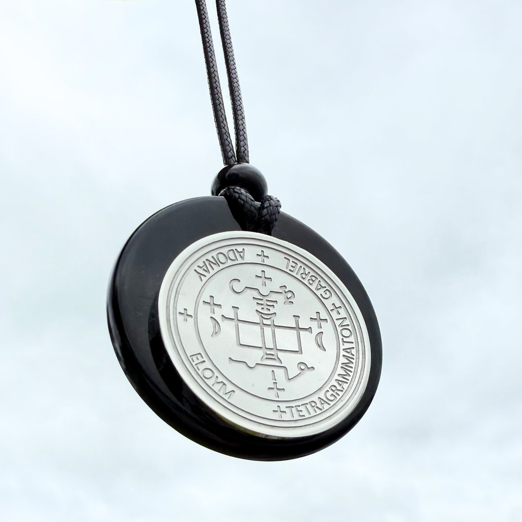 Archangel Sigil Amulet Necklace - Michael Gabriel Raphael Uriel - Genuine Black Agate Medallion
