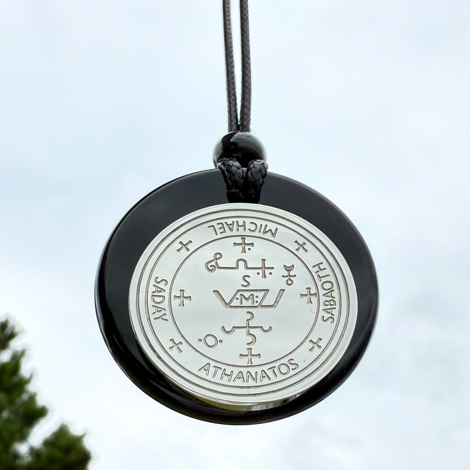 Archangel Sigil Amulet Necklace - Michael Gabriel Raphael Uriel - Genuine Black Agate Medallion