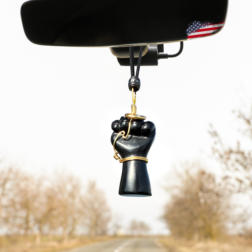 Black Obsidian Figa Car Charm - Gold Tone Wire Wrapped Protection Amulet