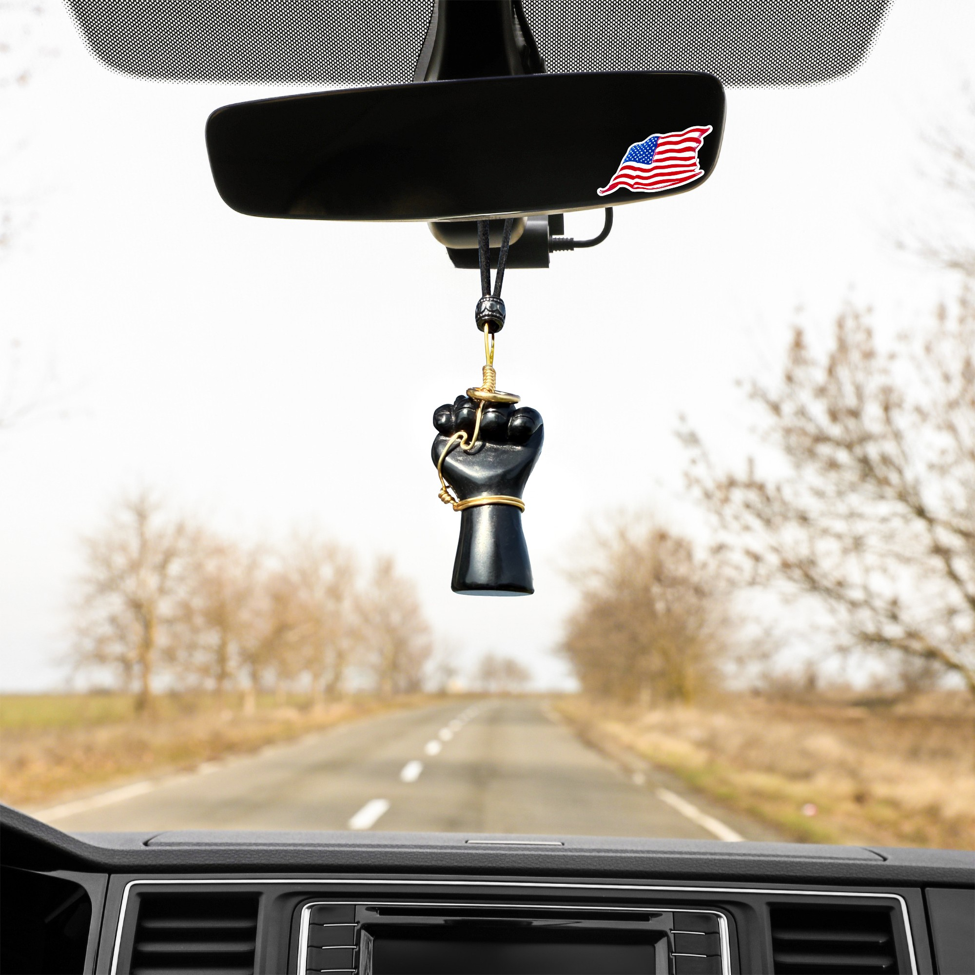 Black Obsidian Figa Car Charm - Gold Tone Wire Wrapped Protection Amulet