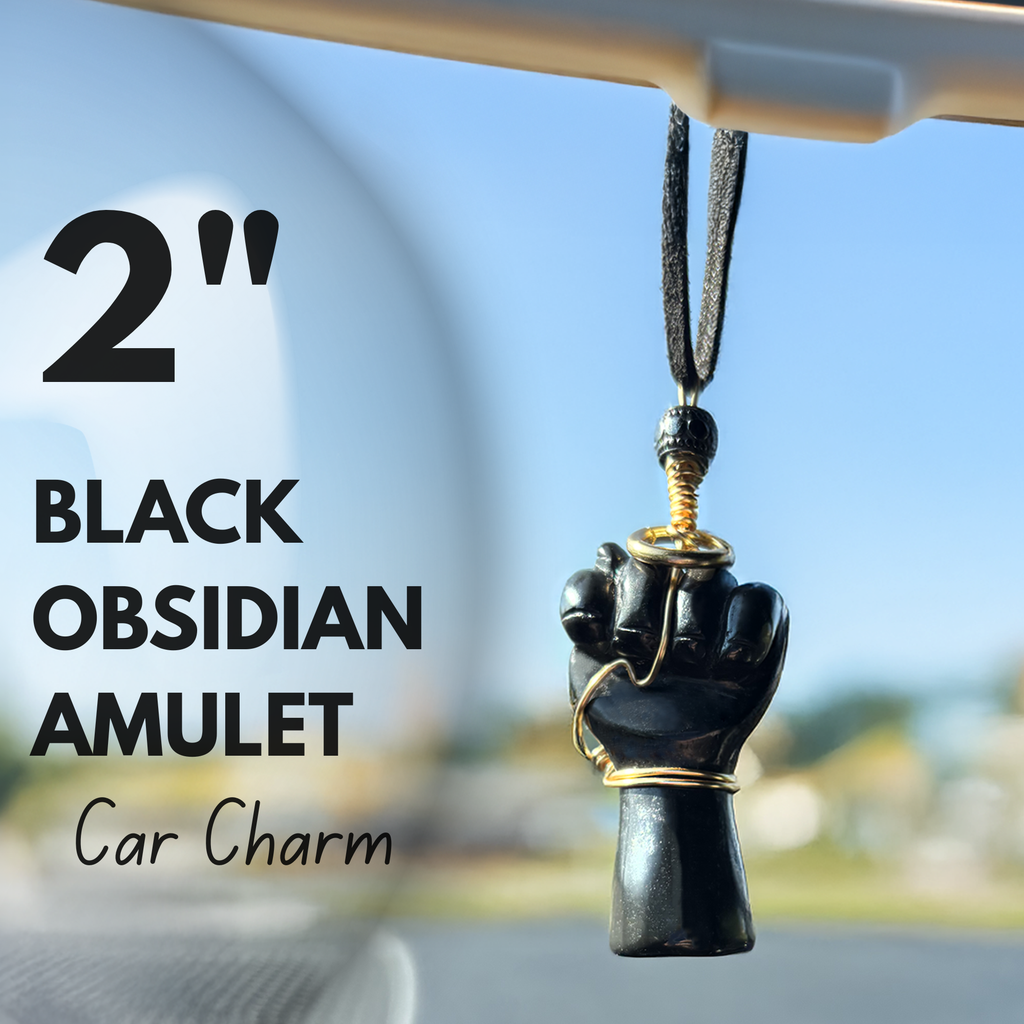 Black Obsidian Figa Car Charm - Gold Tone Wire Wrapped Protection Amulet