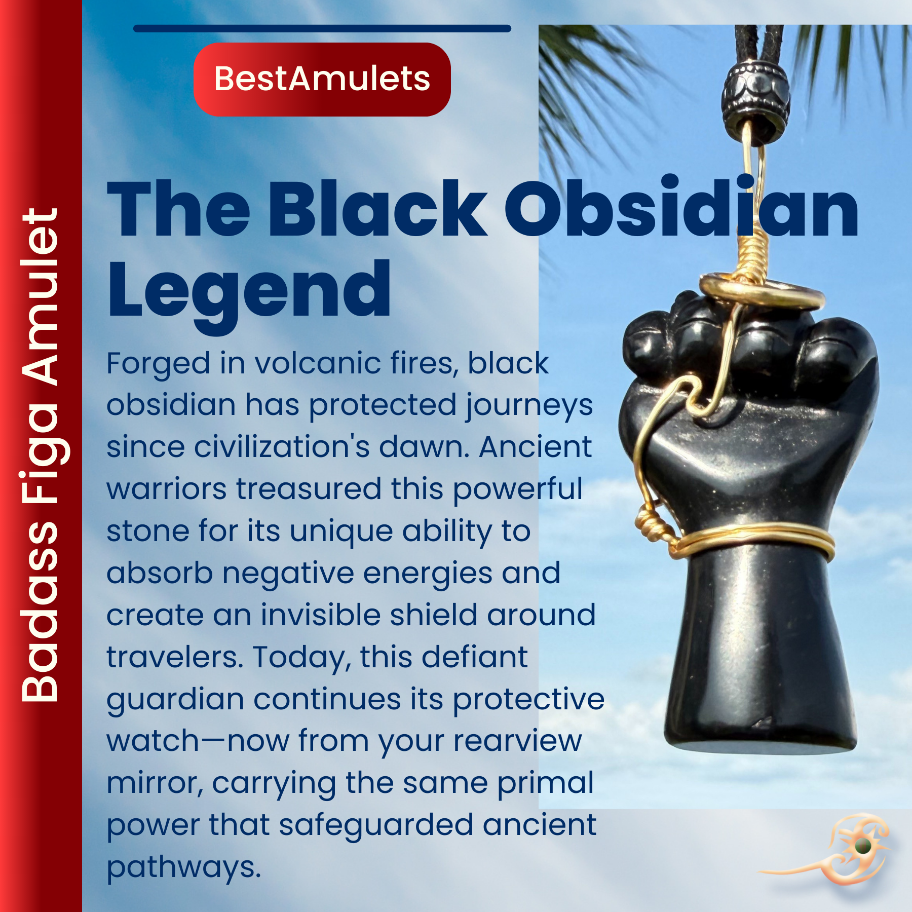 Black Obsidian Figa Car Charm - Gold Tone Wire Wrapped Protection Amulet