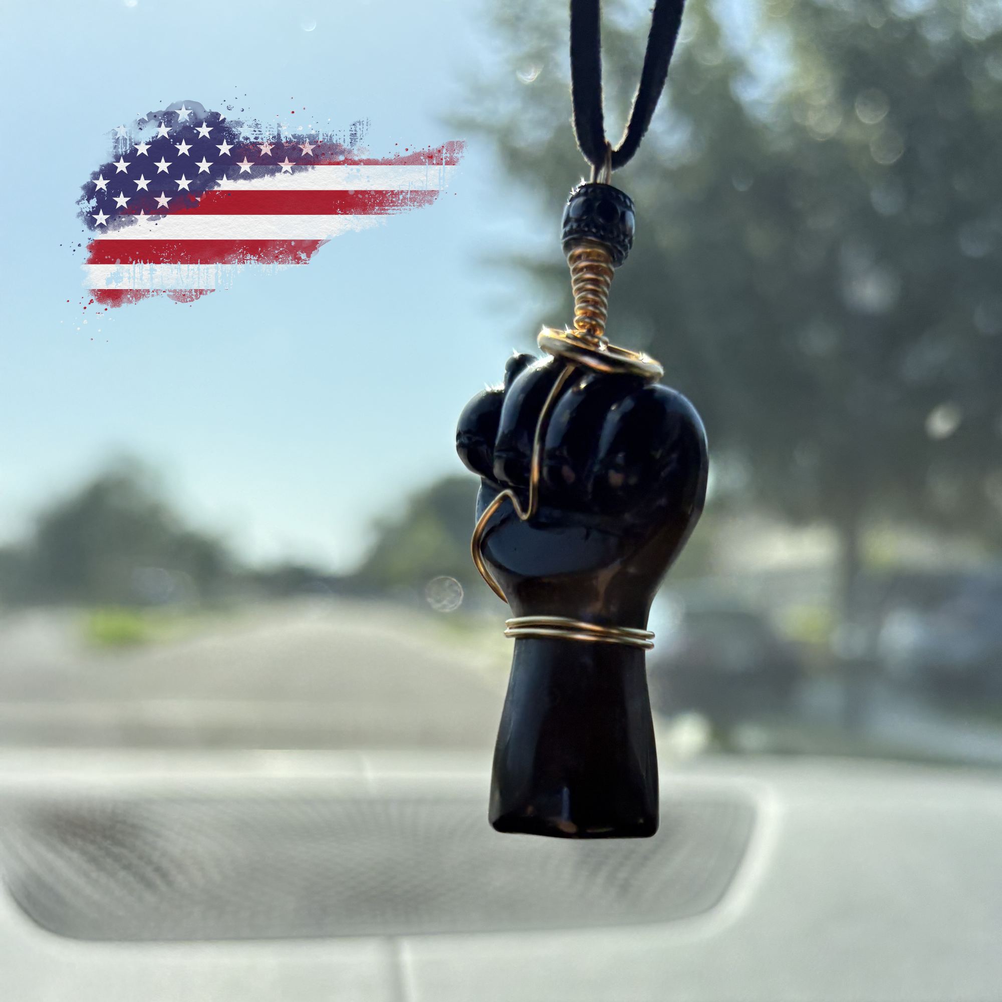 Black Obsidian Figa Car Charm - Gold Tone Wire Wrapped Protection Amulet