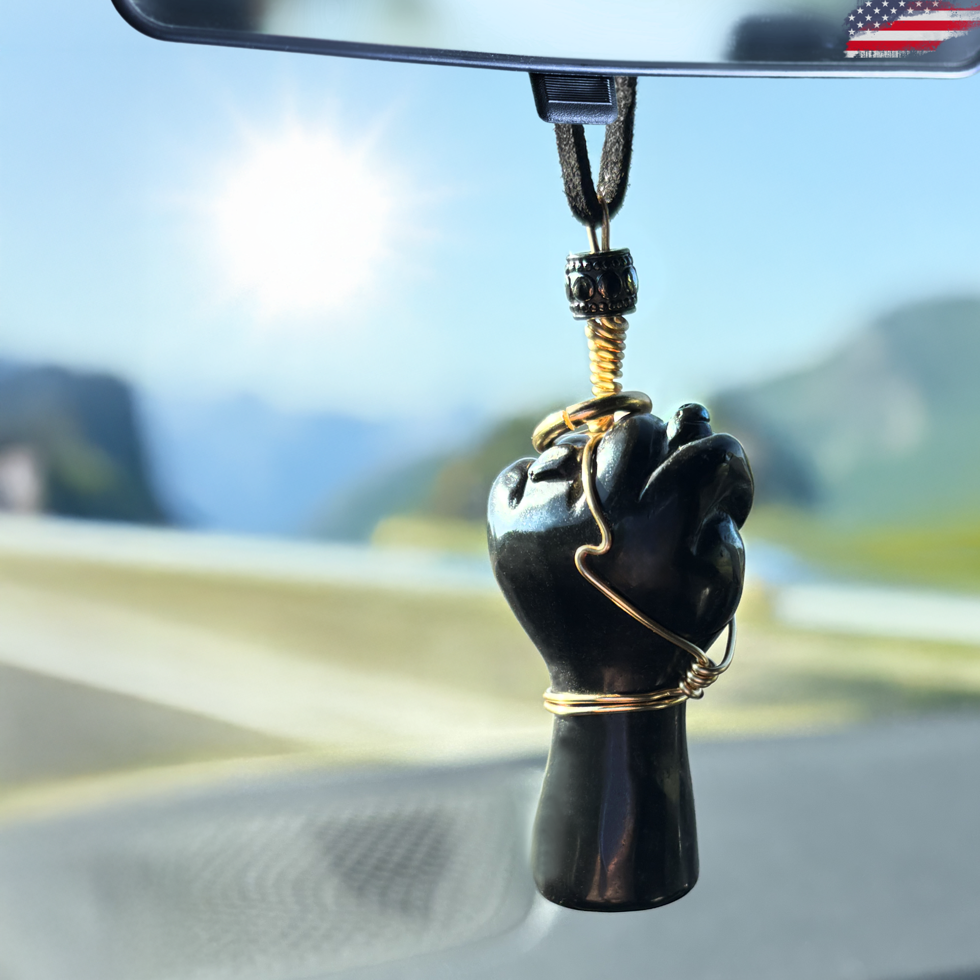 Black Obsidian Figa Car Charm - Gold Tone Wire Wrapped Protection Amulet