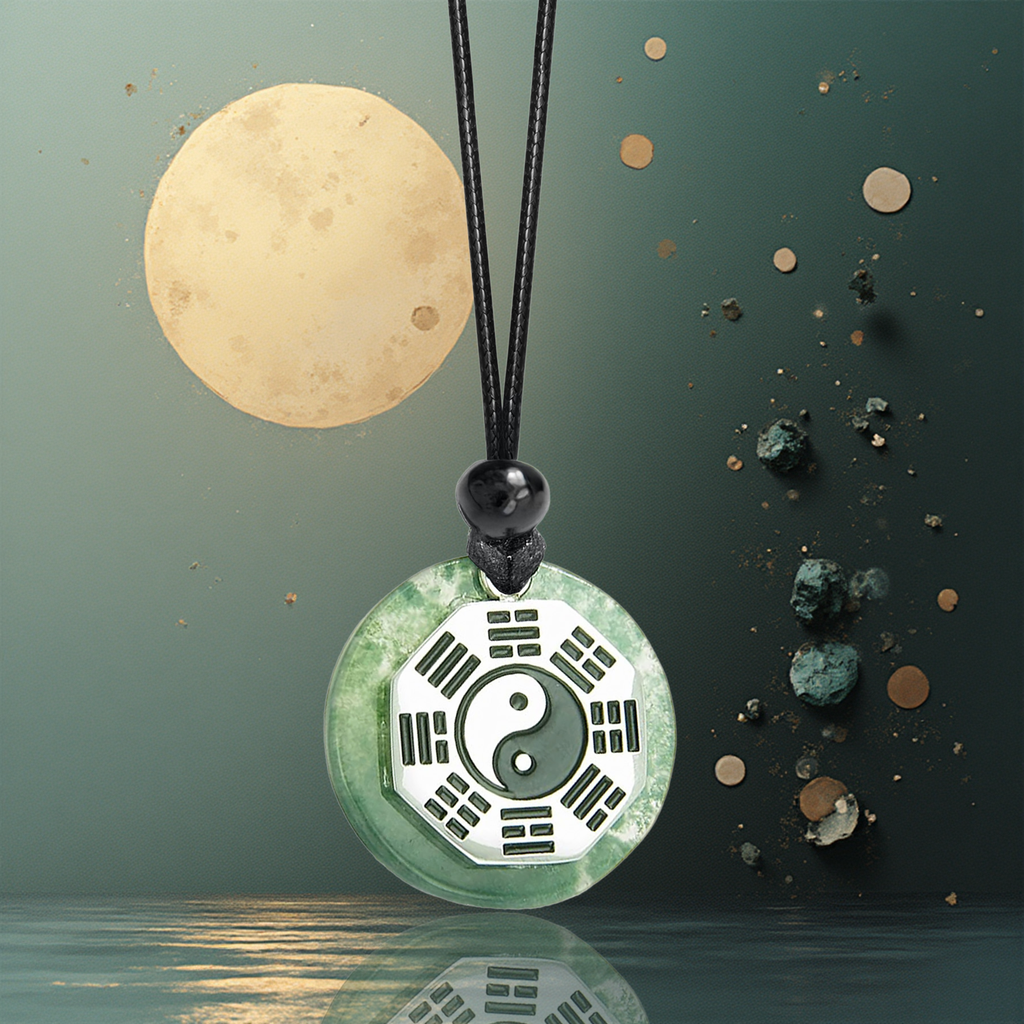Green Moss Agate Yin Yang Amulet Necklace – Feng Shui BaGua Fortune Talisman Jewelry