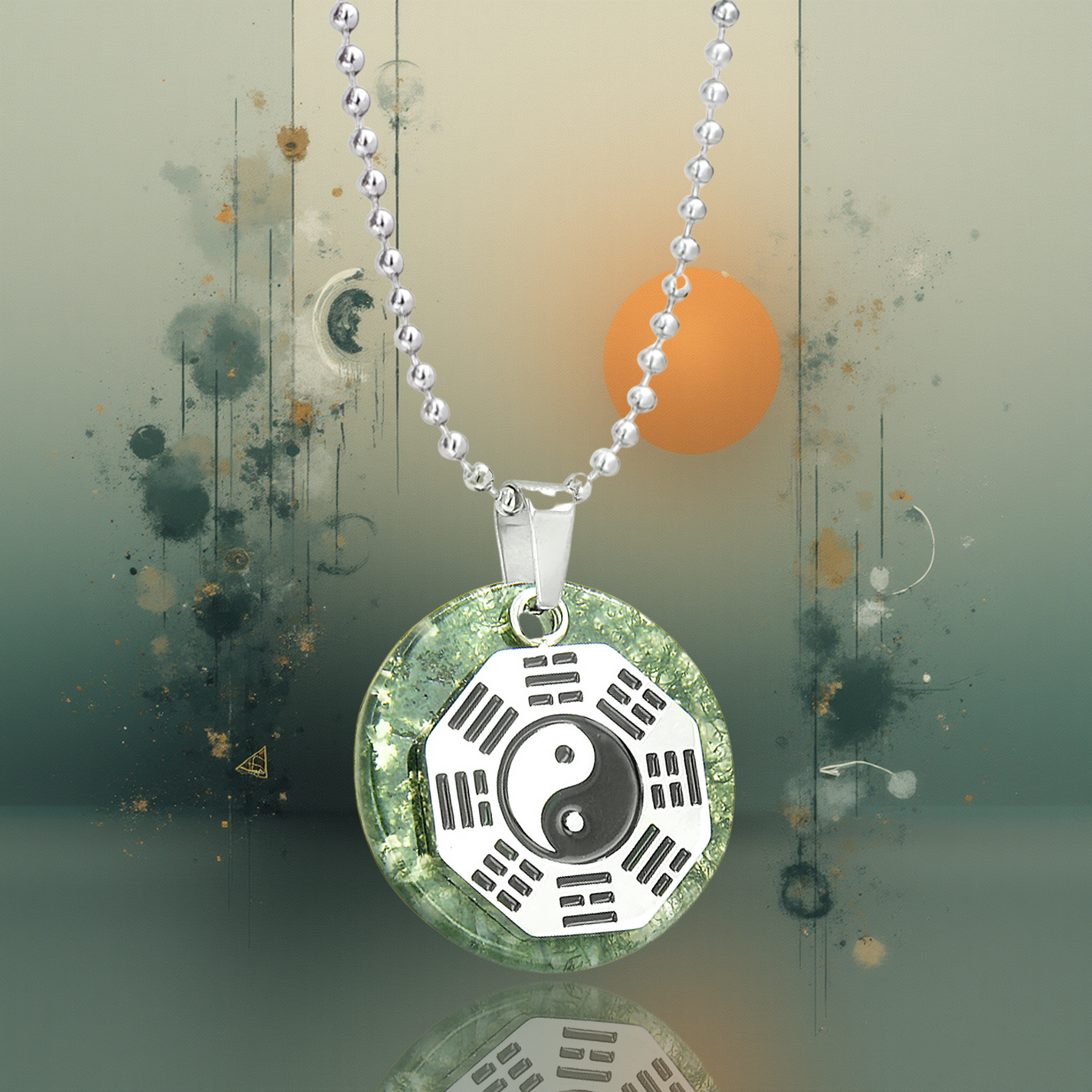 Green Moss Agate Yin Yang Amulet Necklace – Feng Shui BaGua Fortune Talisman Jewelry