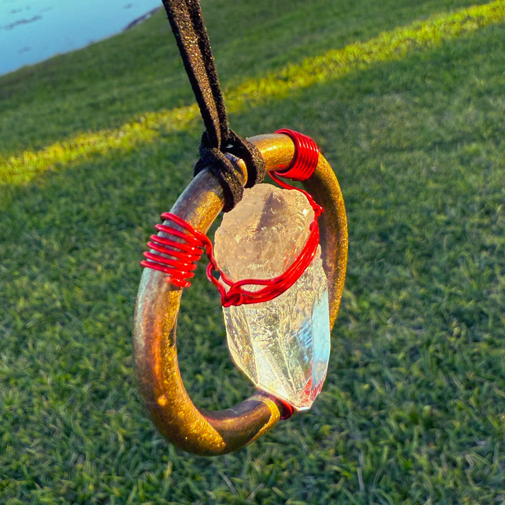 Quartz Crystal Car Charm - Antique Brass Celtic Trinity Red Triquetra Amulet