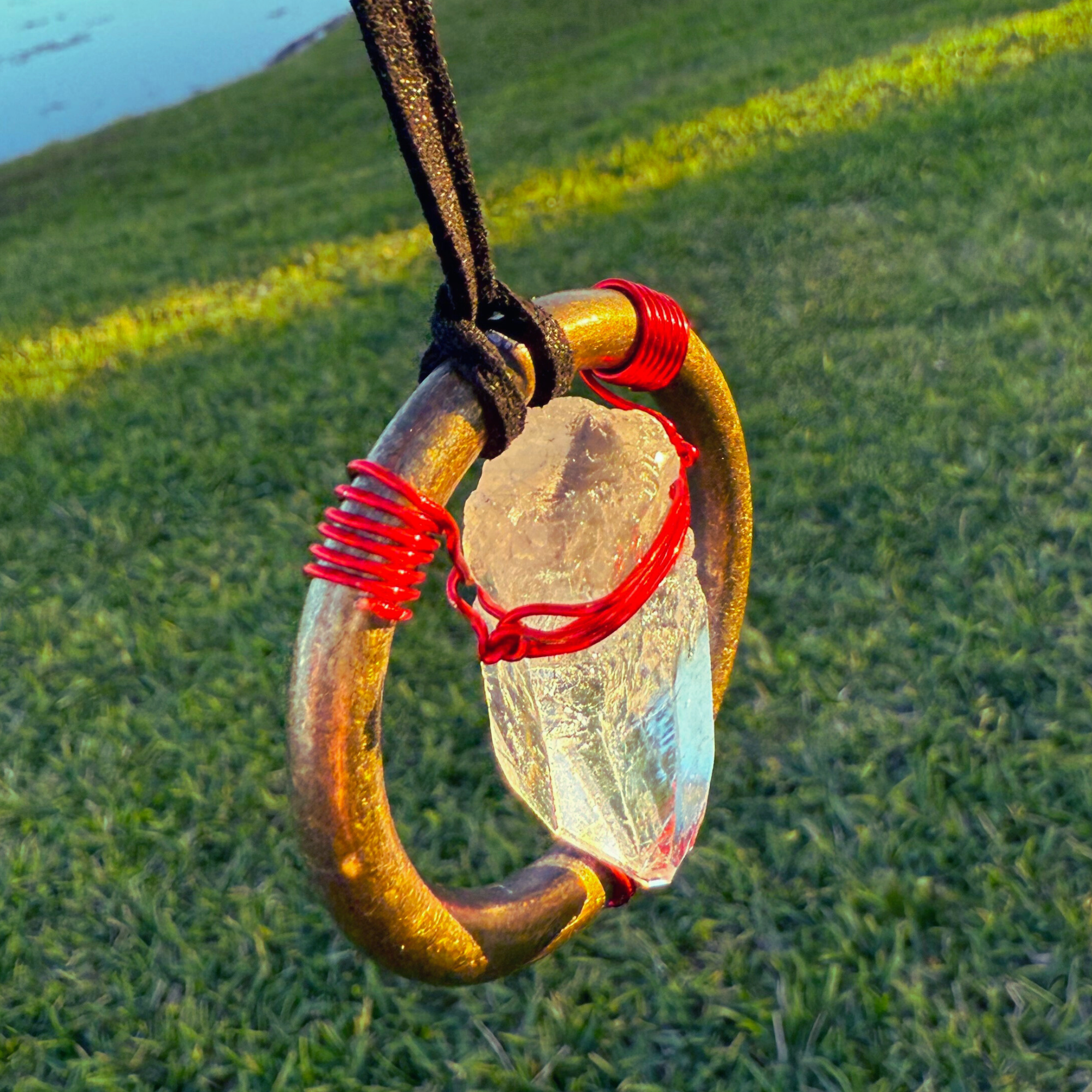 Quartz Crystal Car Charm - Antique Brass Celtic Trinity Red Triquetra Amulet