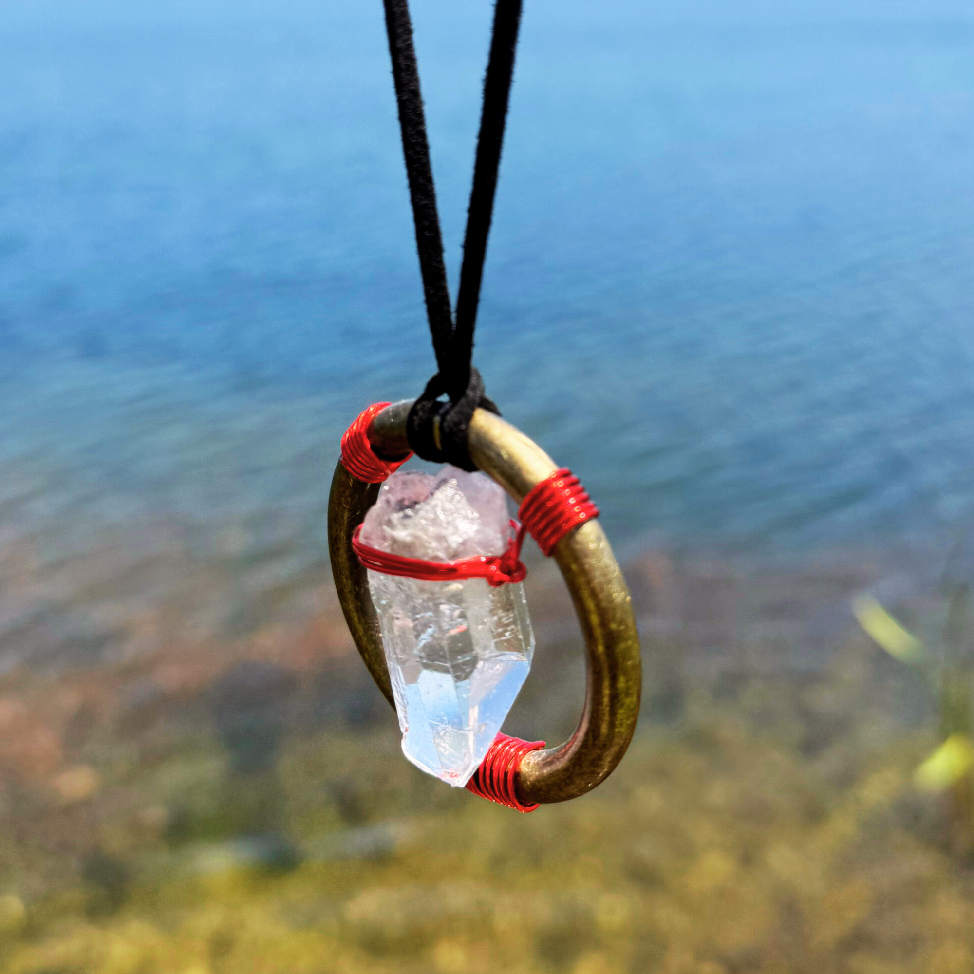 Quartz Crystal Car Charm - Antique Brass Celtic Trinity Red Triquetra Amulet