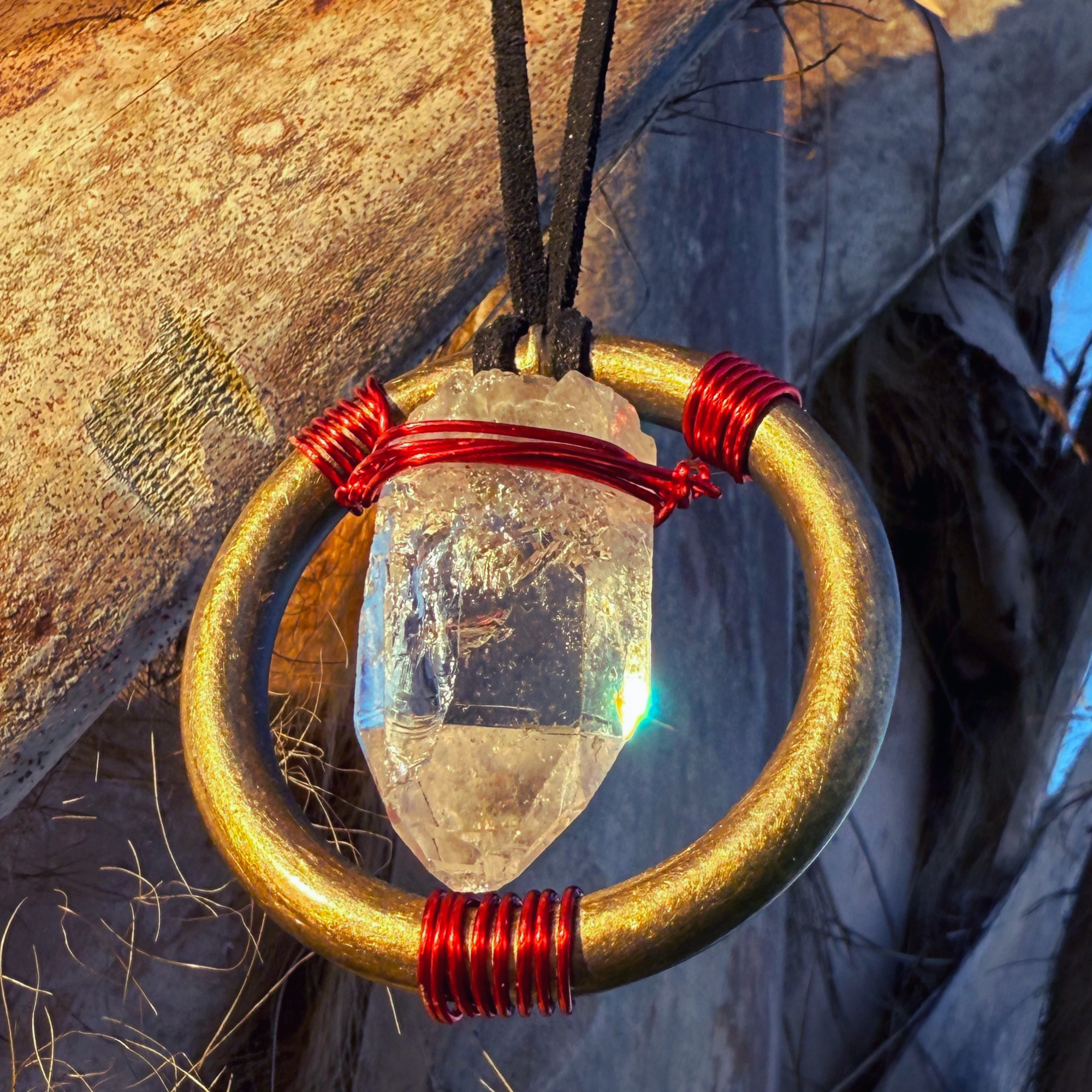 Quartz Crystal Car Charm - Antique Brass Celtic Trinity Red Triquetra Amulet