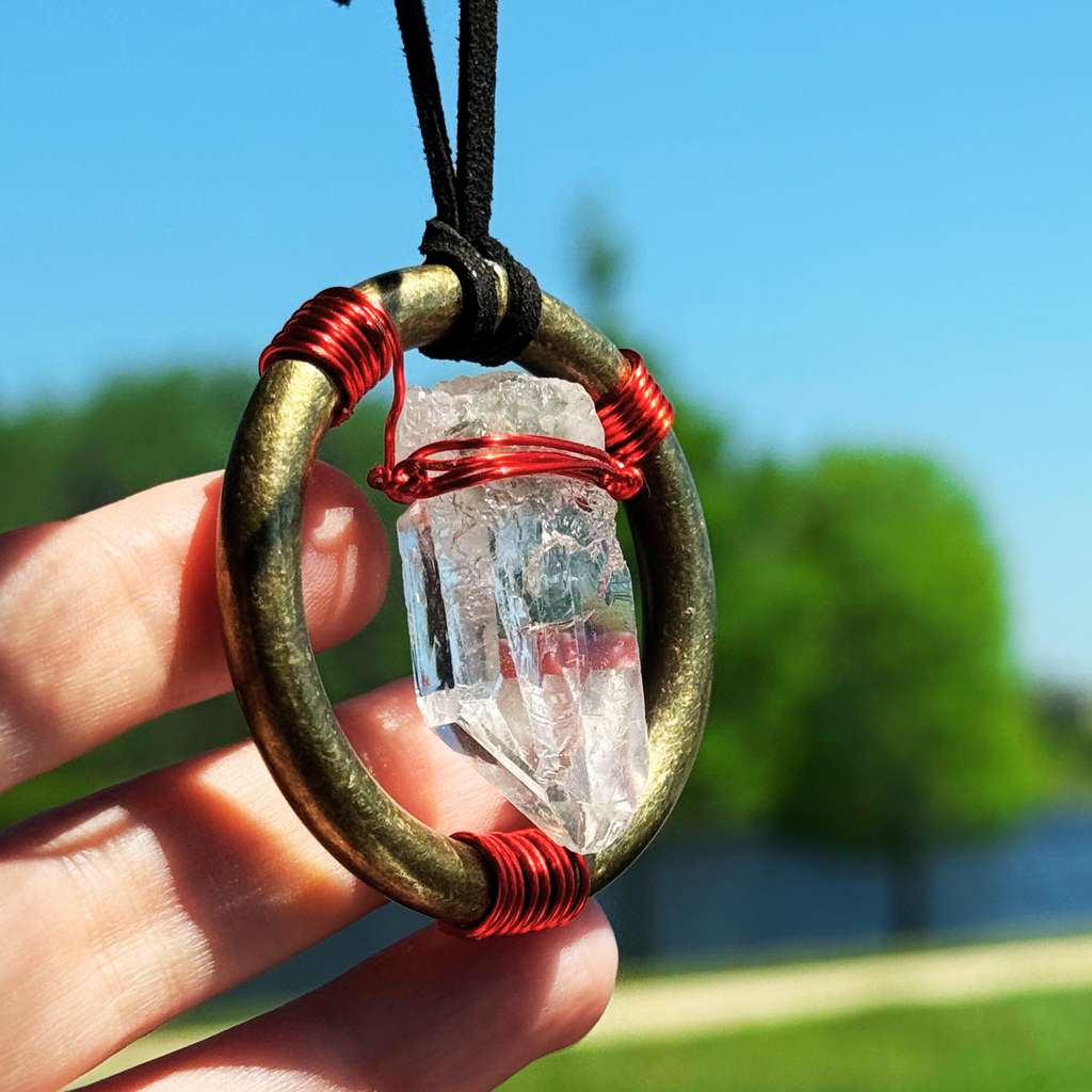 Quartz Crystal Car Charm - Antique Brass Celtic Trinity Red Triquetra Amulet