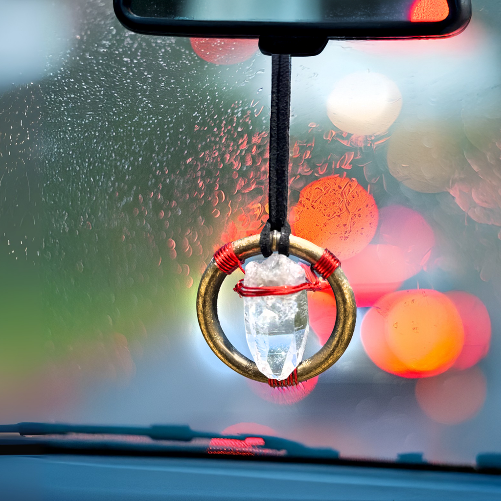 Quartz Crystal Car Charm - Antique Brass Celtic Trinity Red Triquetra Amulet