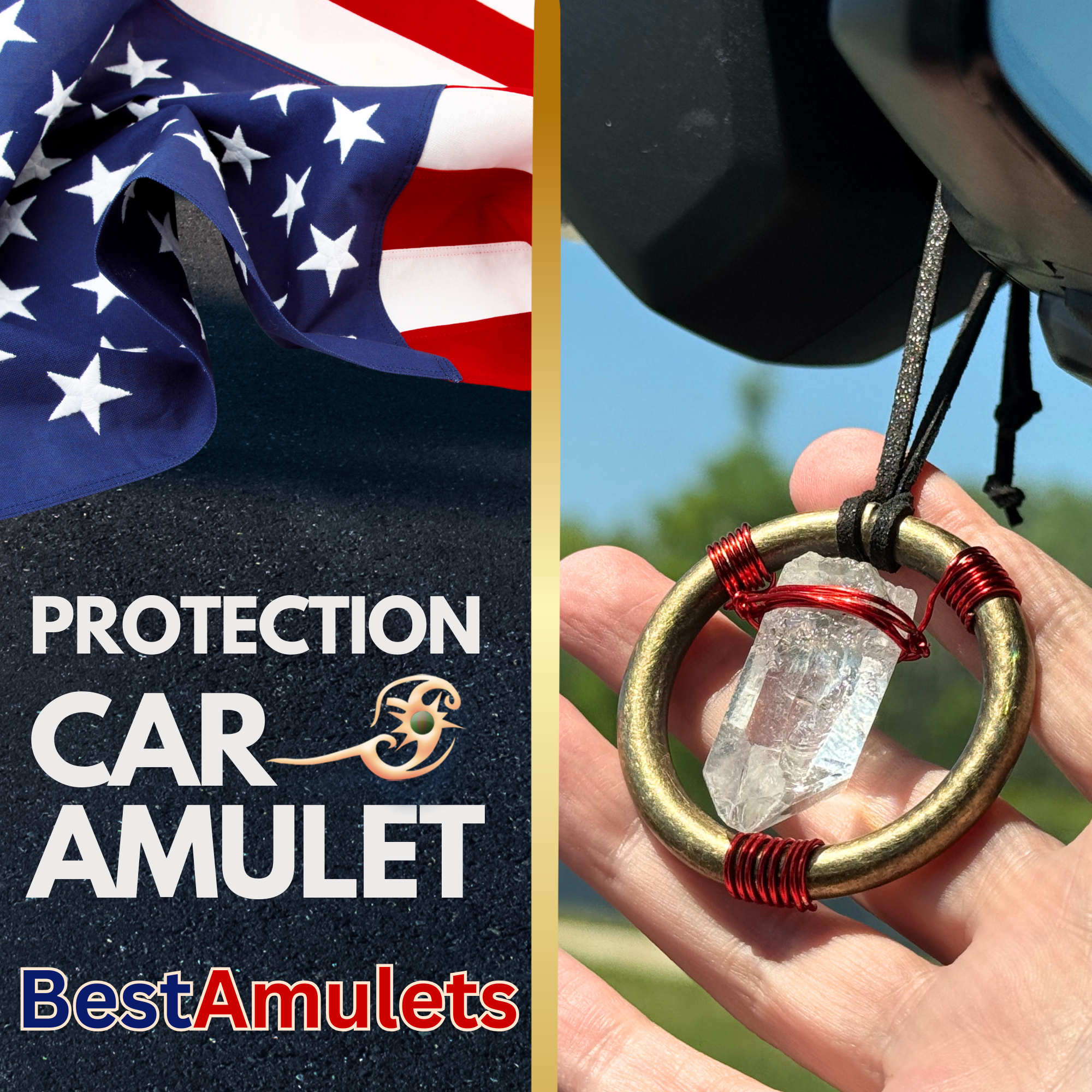 Quartz Crystal Car Charm - Antique Brass Celtic Trinity Red Triquetra Amulet