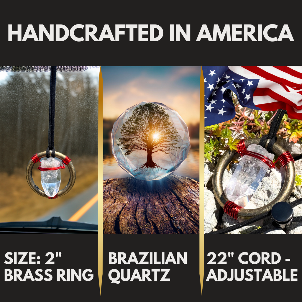 Quartz Crystal Car Charm - Antique Brass Celtic Trinity Red Triquetra Amulet