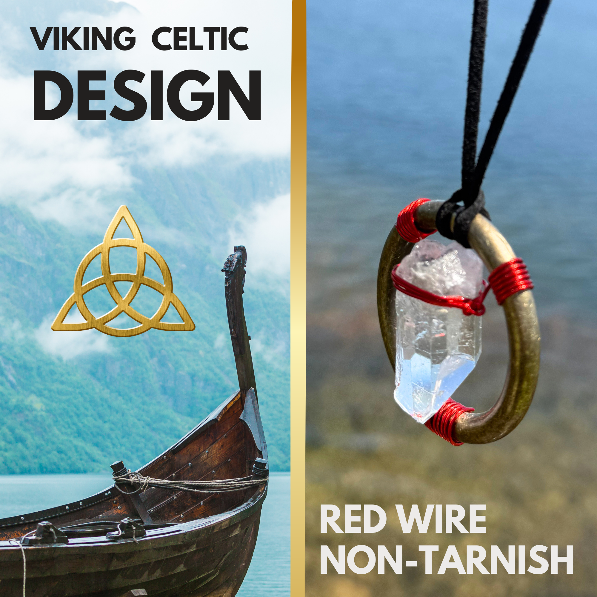 Quartz Crystal Car Charm - Antique Brass Celtic Trinity Red Triquetra Amulet