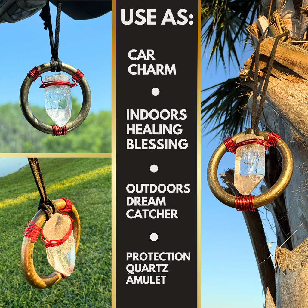 Quartz Crystal Car Charm - Antique Brass Celtic Trinity Red Triquetra Amulet