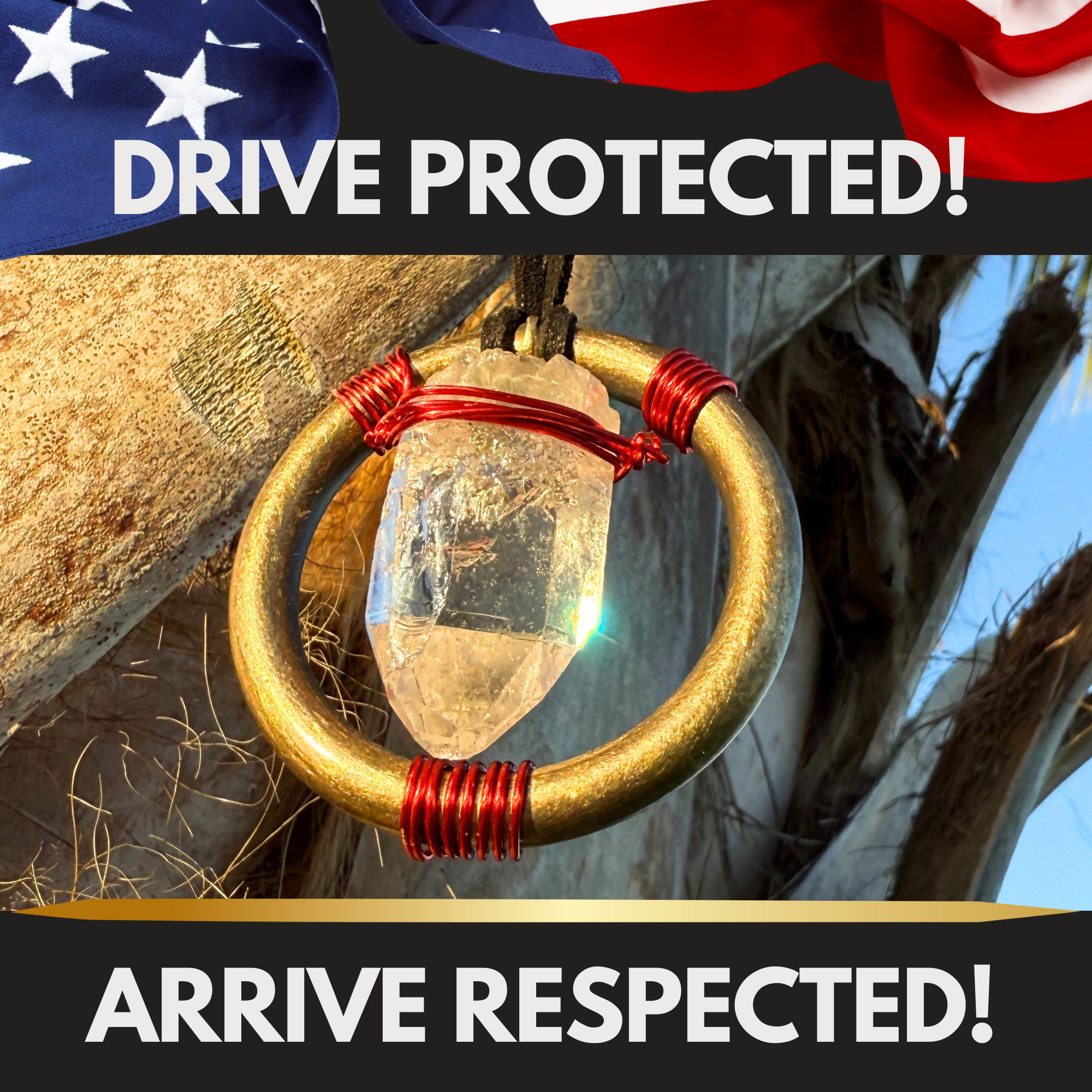 Quartz Crystal Car Charm - Antique Brass Celtic Trinity Red Triquetra Amulet