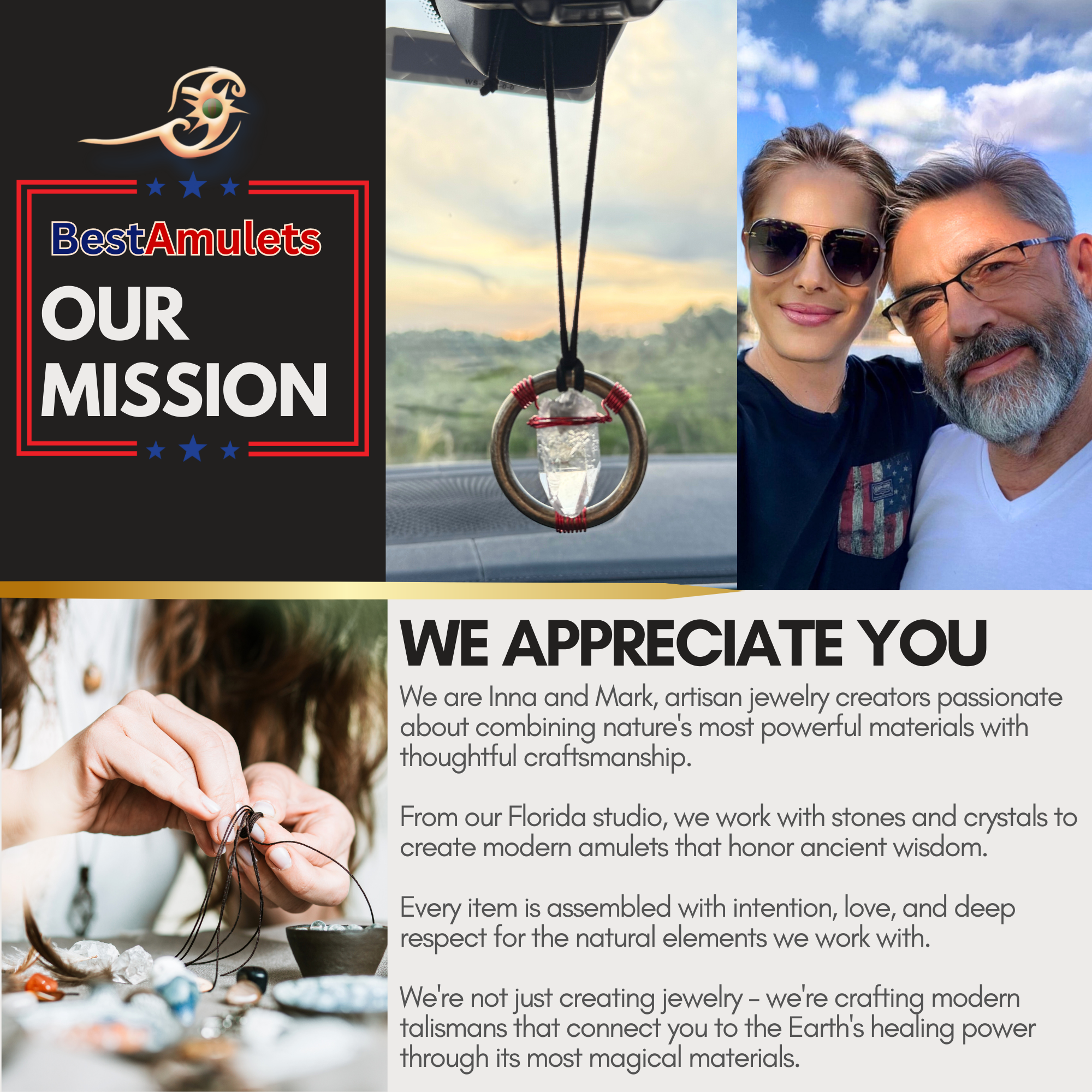 Quartz Crystal Car Charm - Antique Brass Celtic Trinity Red Triquetra Amulet