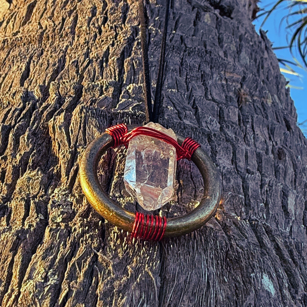 Quartz Crystal Car Charm - Antique Brass Celtic Trinity Red Triquetra Amulet