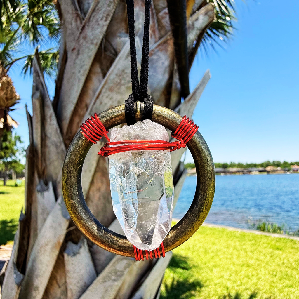 Quartz Crystal Car Charm - Antique Brass Celtic Trinity Red Triquetra Amulet