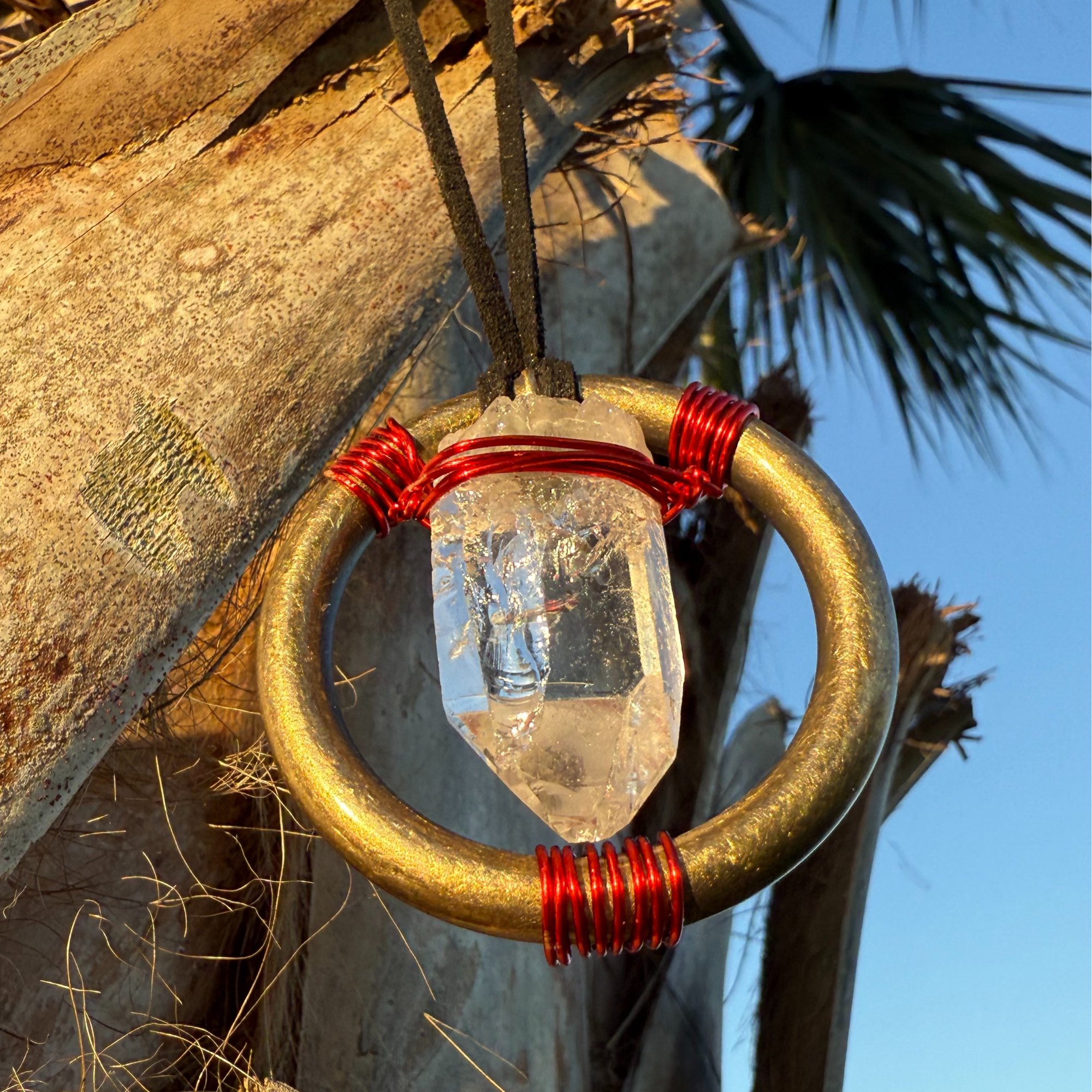 Quartz Crystal Car Charm - Antique Brass Celtic Trinity Red Triquetra Amulet