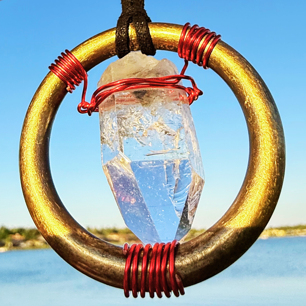 Quartz Crystal Car Charm - Antique Brass Celtic Trinity Red Triquetra Amulet