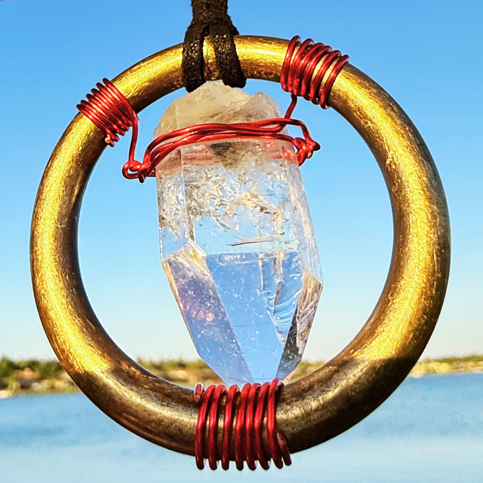 Quartz Crystal Car Charm - Antique Brass Celtic Trinity Red Triquetra Amulet