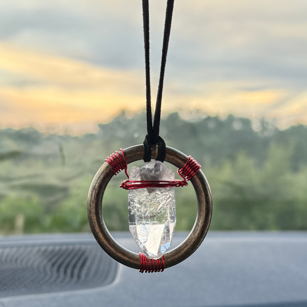 Quartz Crystal Car Charm - Antique Brass Celtic Trinity Red Triquetra Amulet