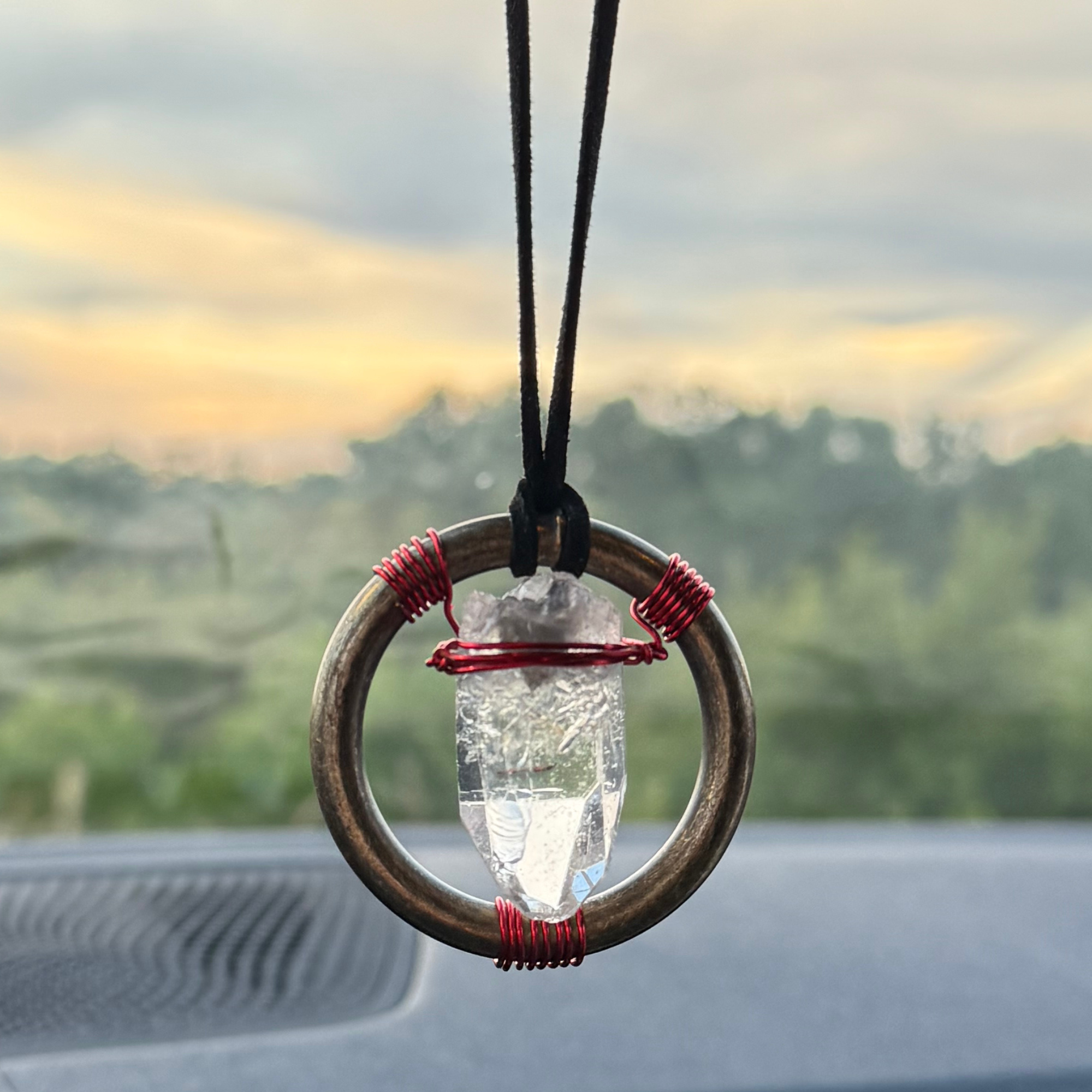 Quartz Crystal Car Charm - Antique Brass Celtic Trinity Red Triquetra Amulet