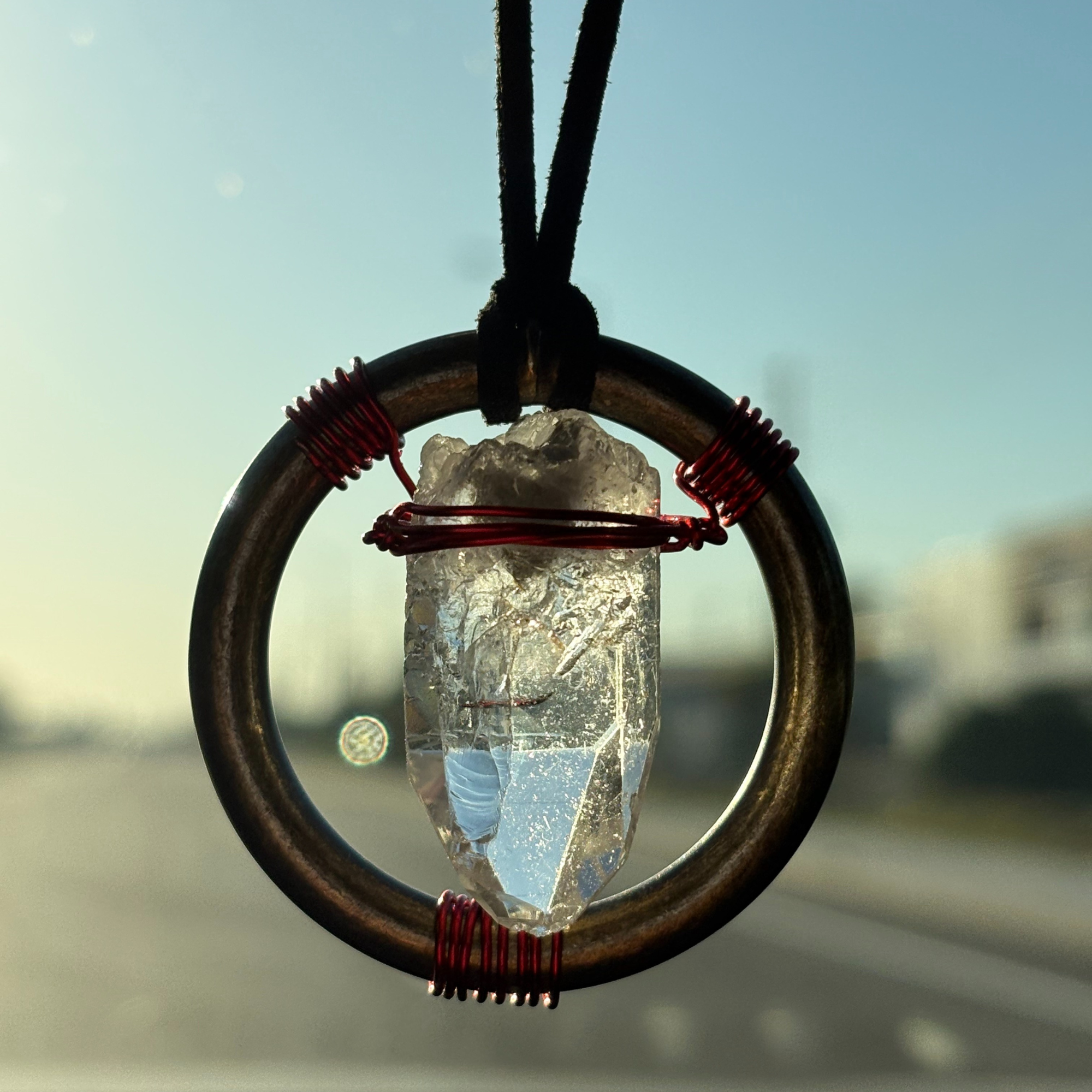 Quartz Crystal Car Charm - Antique Brass Celtic Trinity Red Triquetra Amulet