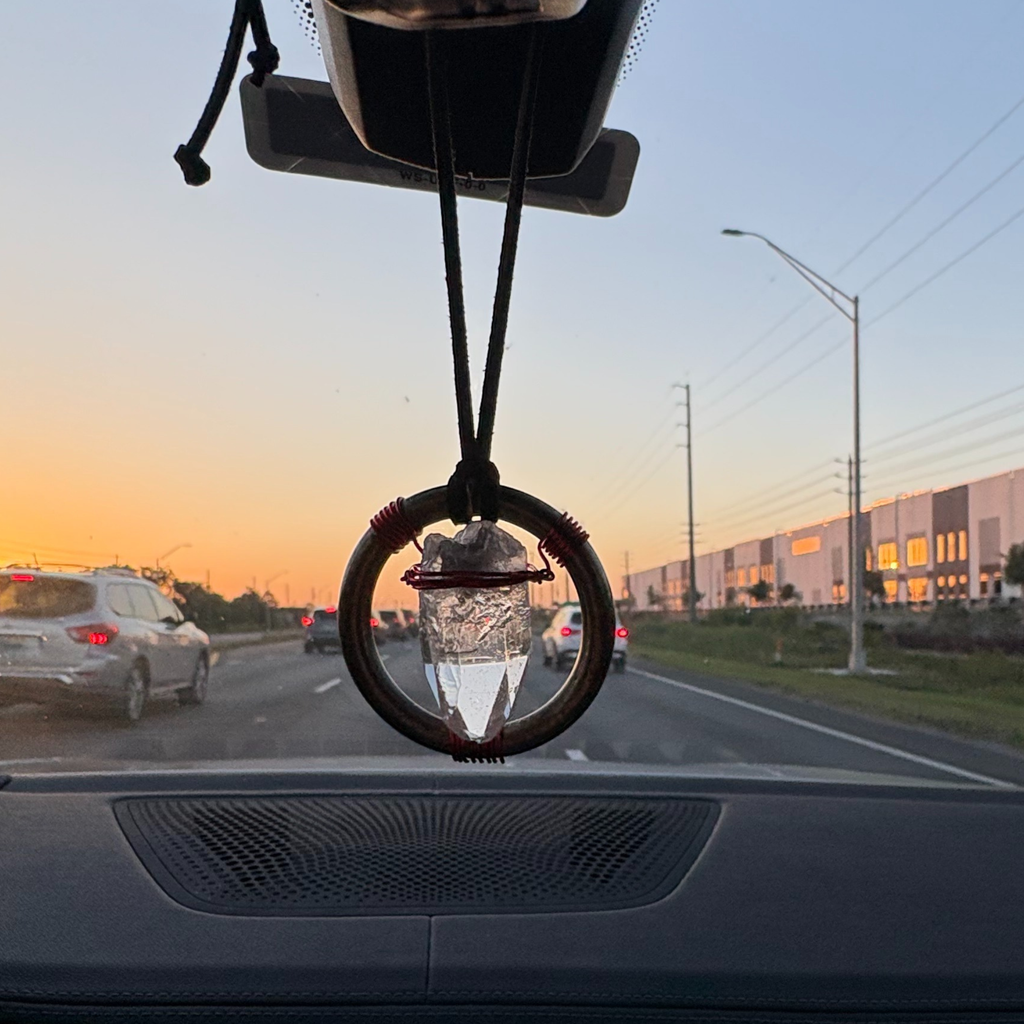 Quartz Crystal Car Charm - Antique Brass Celtic Trinity Red Triquetra Amulet