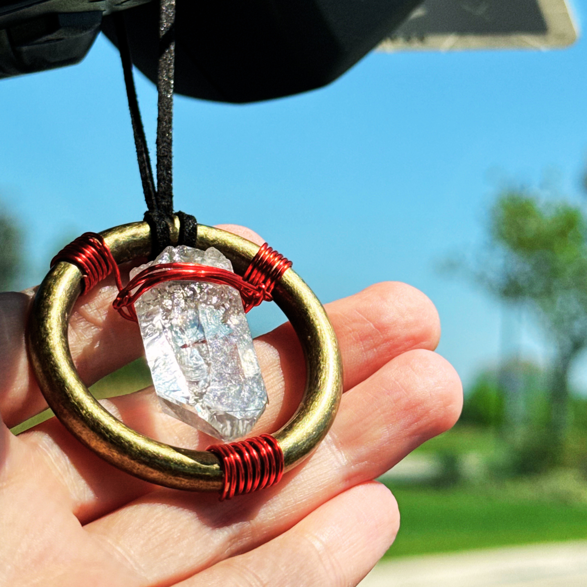 Quartz Crystal Car Charm - Antique Brass Celtic Trinity Red Triquetra Amulet