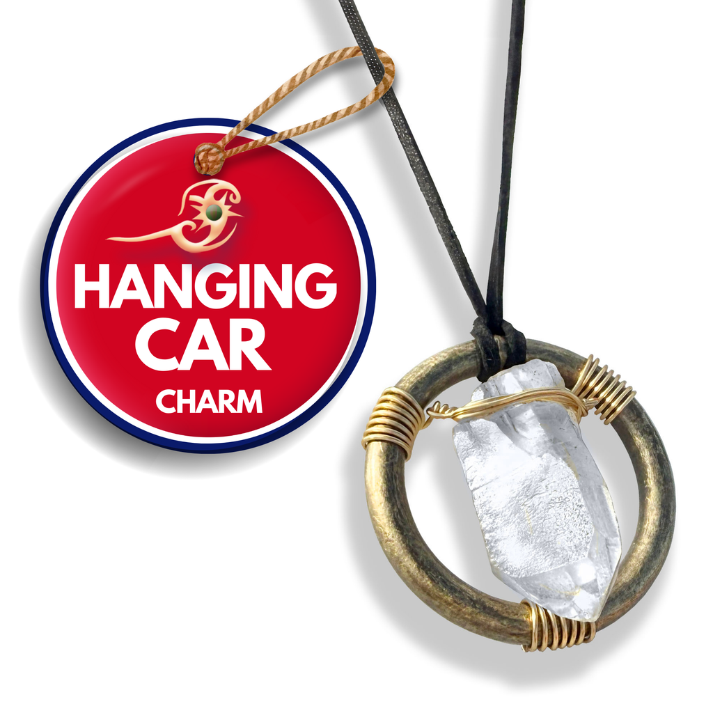Raw Quartz Crystal Car Charm - Antique Brass Protection Amulet