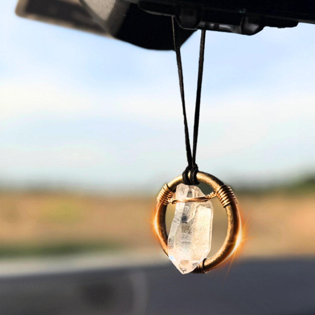 Raw Quartz Crystal Car Charm - Antique Brass Protection Amulet