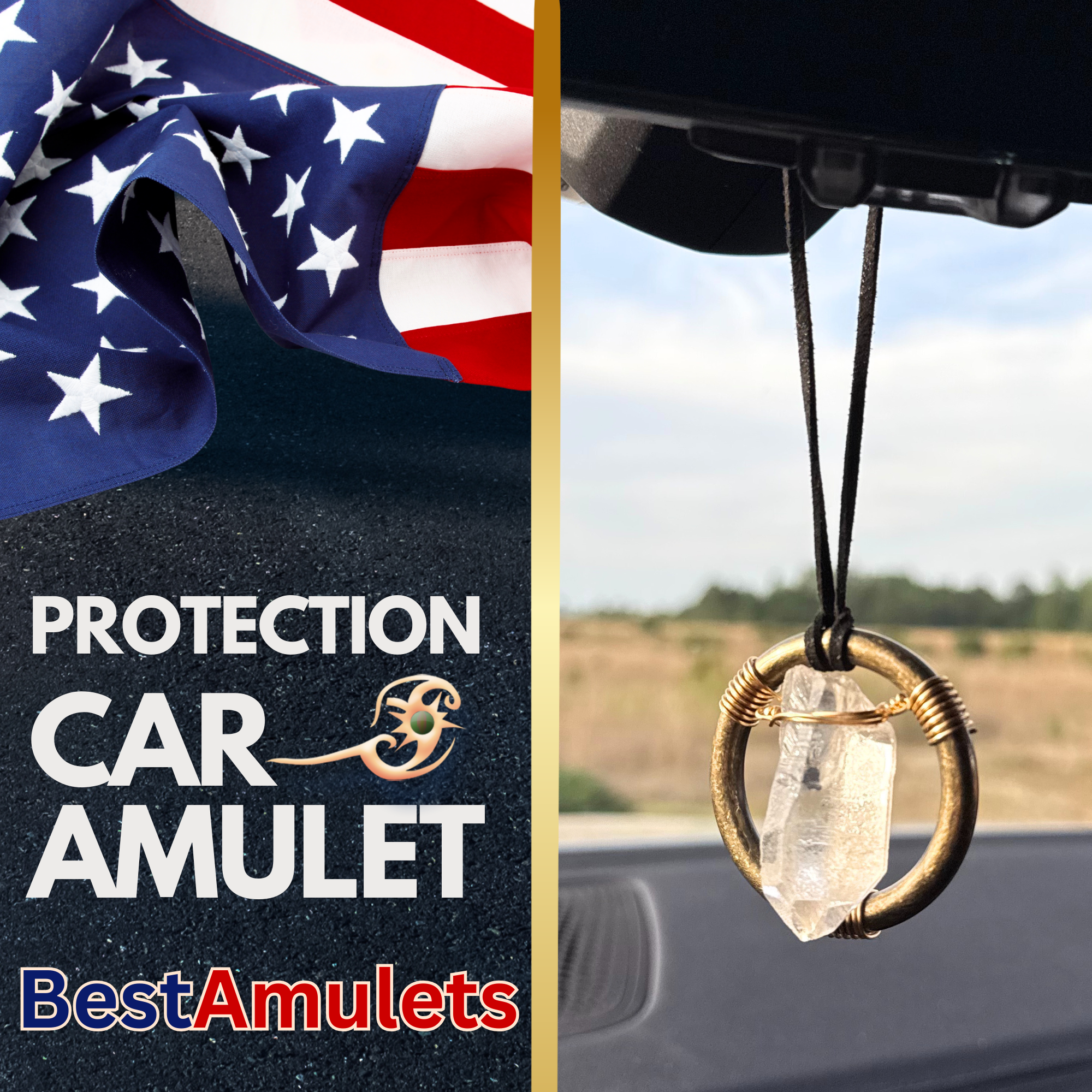 Raw Quartz Crystal Car Charm - Antique Brass Protection Amulet