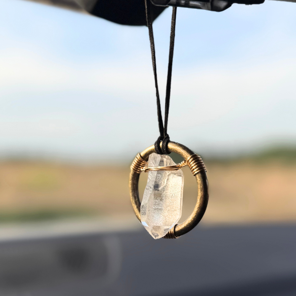 Raw Quartz Crystal Car Charm - Antique Brass Protection Amulet